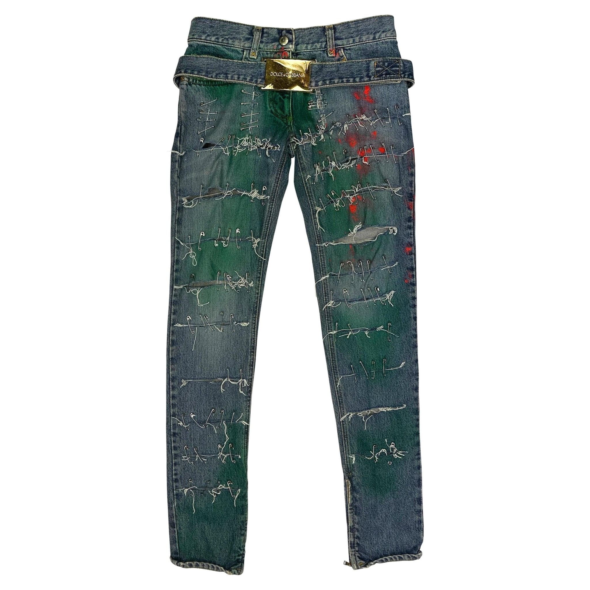 S/S 2001 Dolce & Gabbana Runway Safetey Pin Painted Logo Buckle Skinny Jeans - RealList