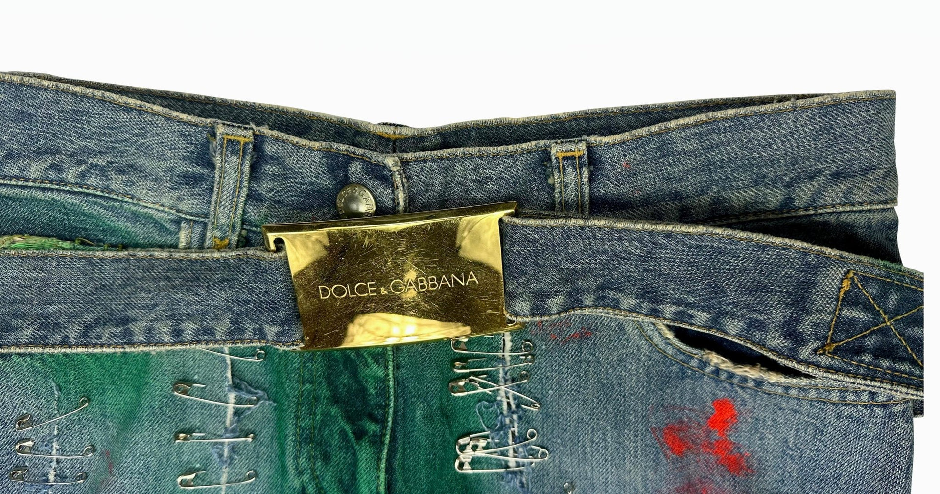 S/S 2001 Dolce & Gabbana Runway Safetey Pin Painted Logo Buckle Skinny Jeans - RealList