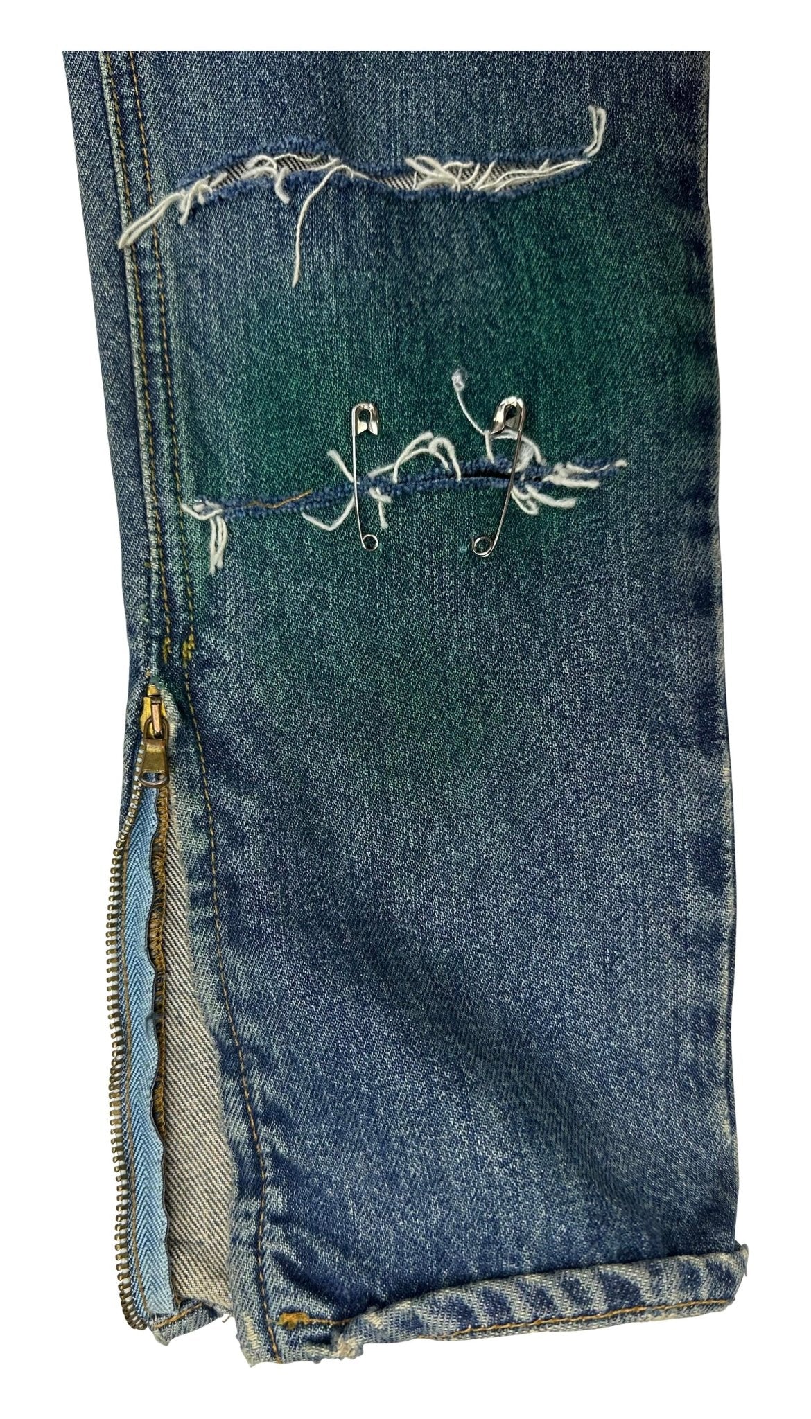 S/S 2001 Dolce & Gabbana Runway Safetey Pin Painted Logo Buckle Skinny Jeans - RealList