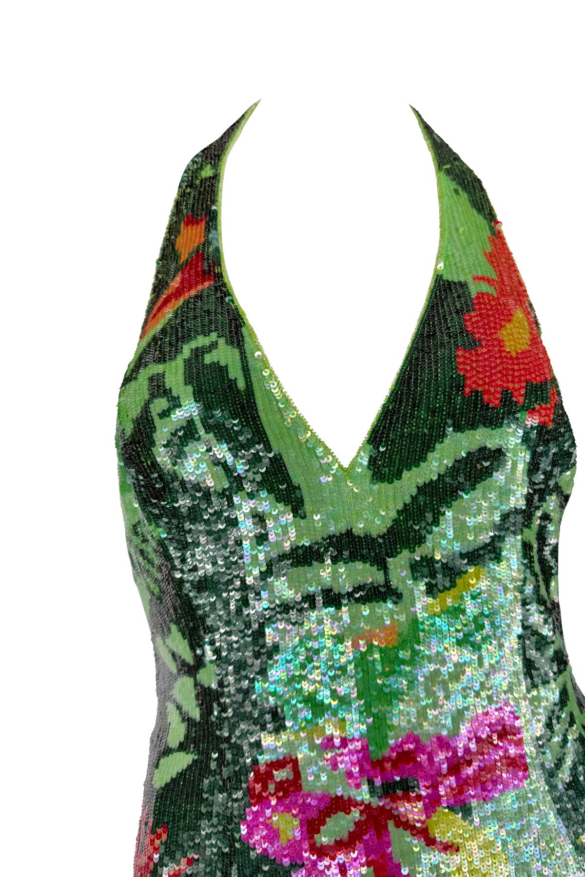 S/S 2001 Escada Floral Green Sequin Backless Halter Dress - RealList