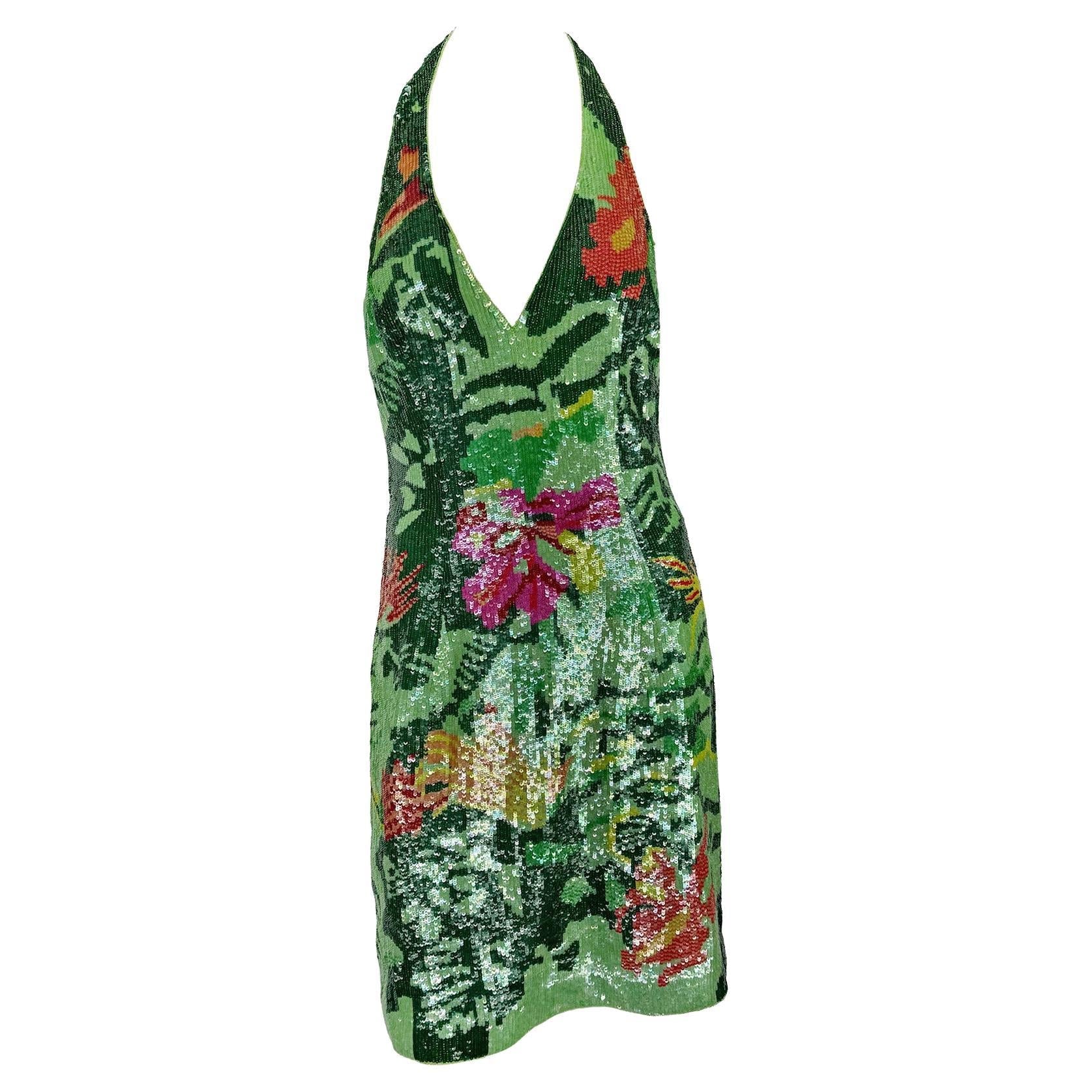 S/S 2001 Escada Floral Green Sequin Backless Halter Dress - RealList