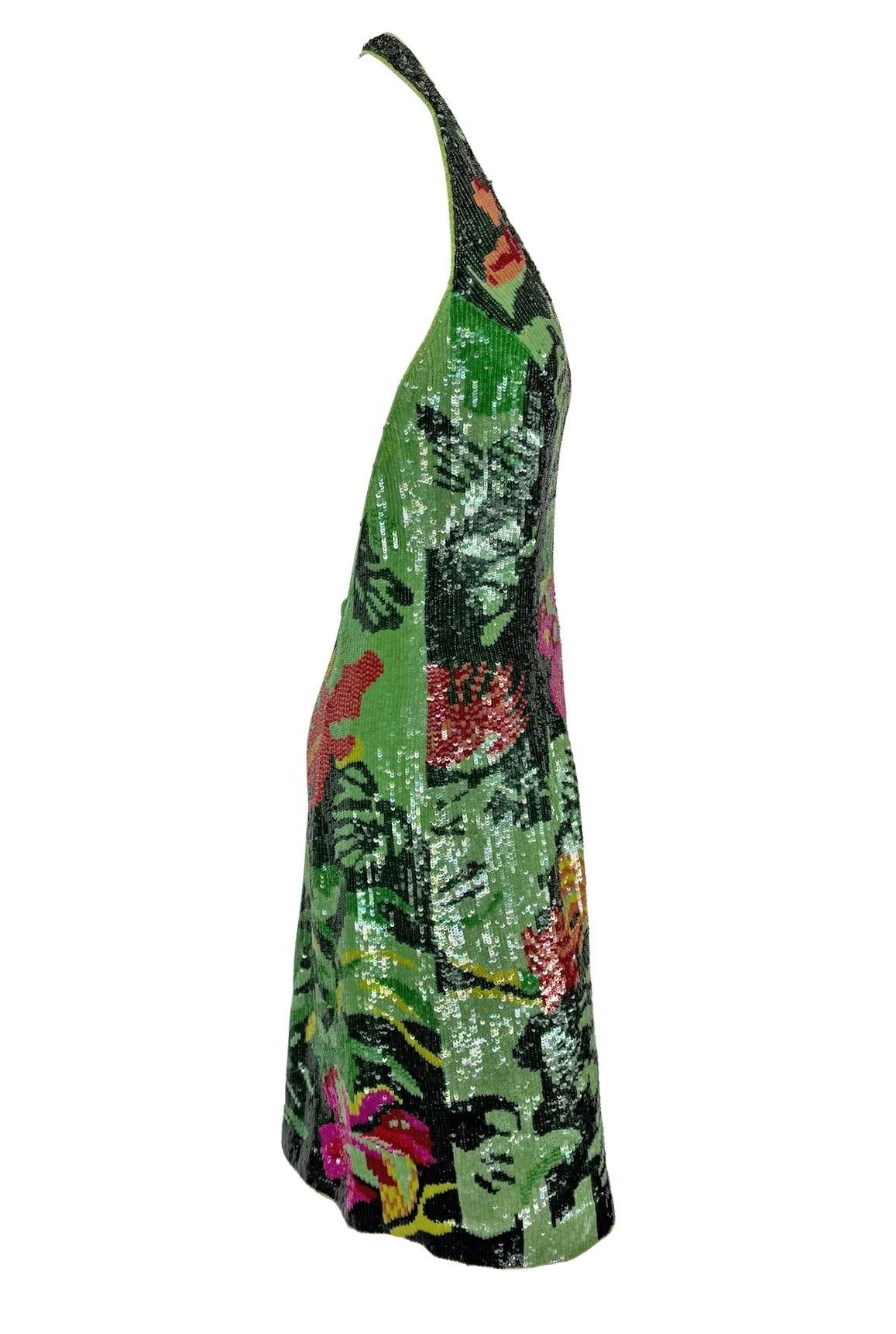 S/S 2001 Escada Floral Green Sequin Backless Halter Dress - RealList