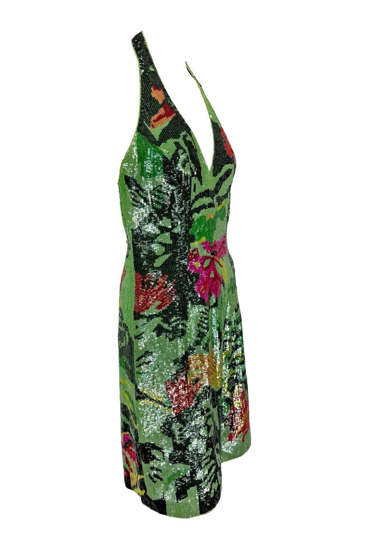 S/S 2001 Escada Floral Green Sequin Backless Halter Dress - RealList