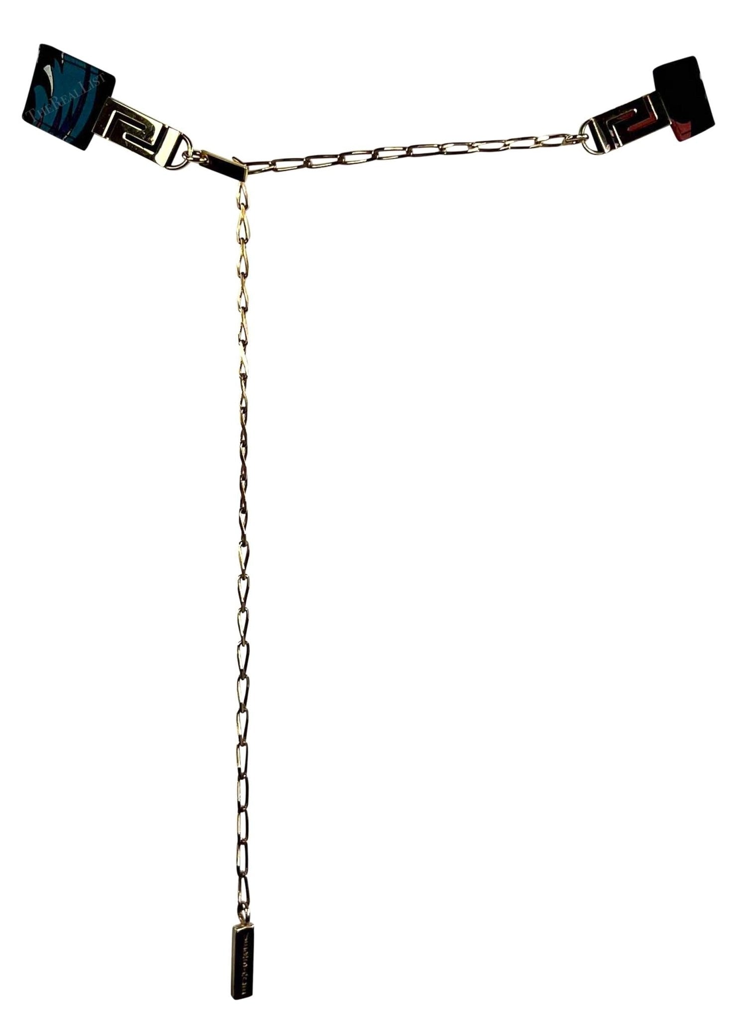 S/S 2001 Gianni Versace by Donatella Baroque Print Black Belt Gold Chain - RealList