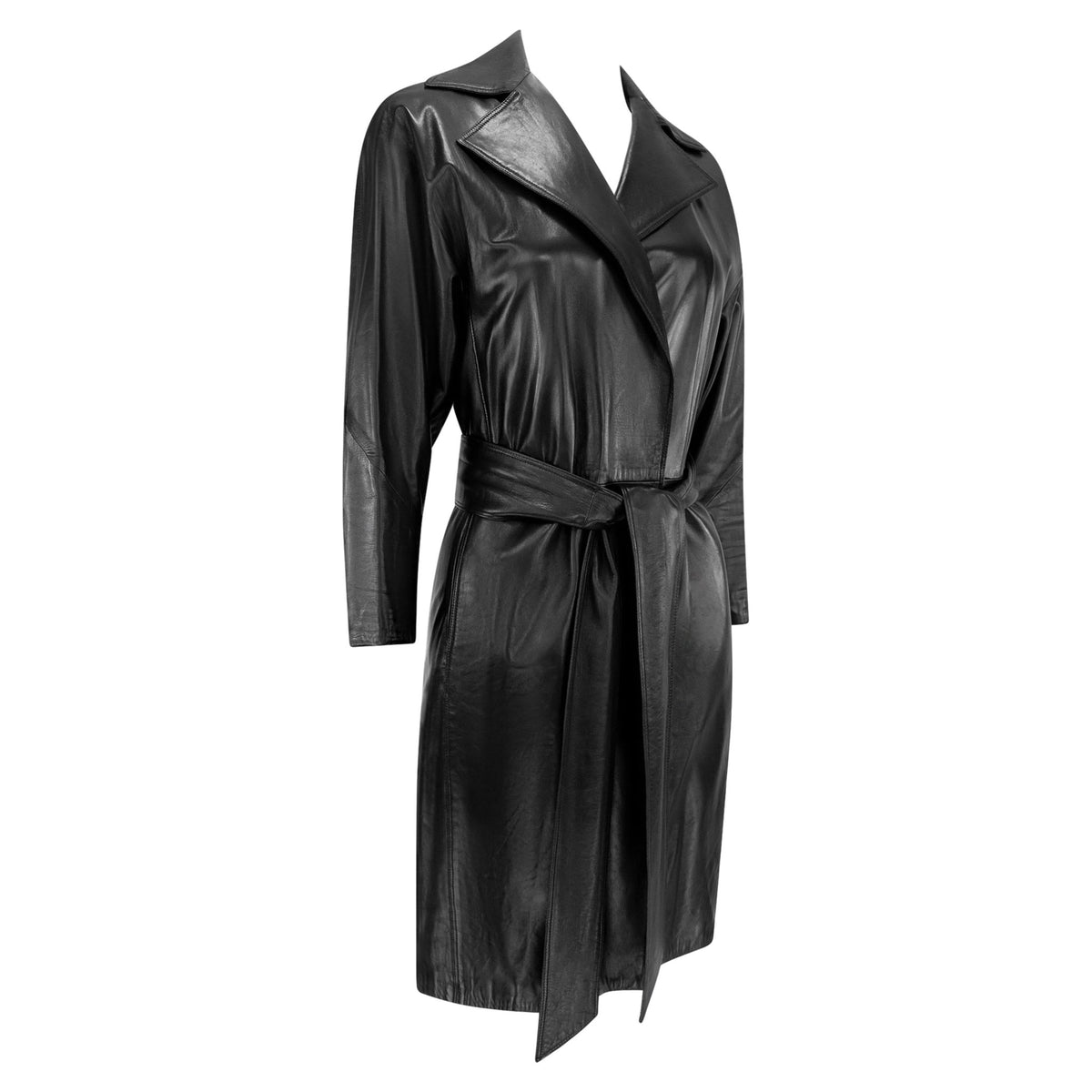 S/S 2001 Gianni Versace by Donatella Black Leather Belted Wrap Coat - RealList