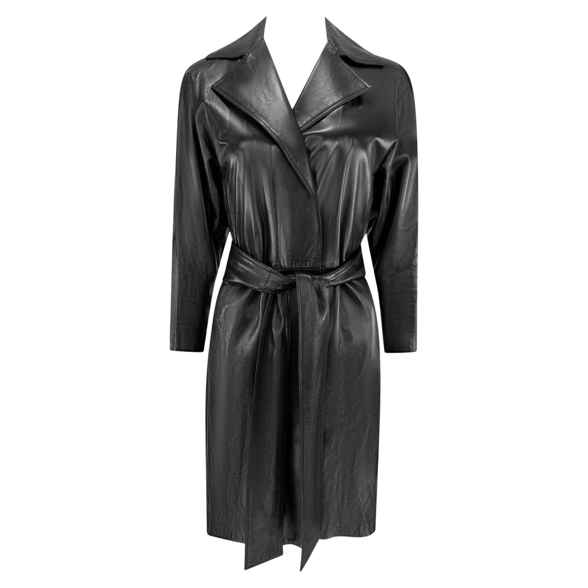 S/S 2001 Gianni Versace by Donatella Black Leather Belted Wrap Coat - RealList