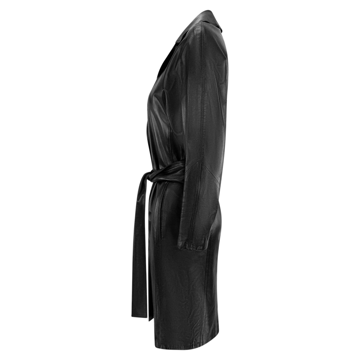 S/S 2001 Gianni Versace by Donatella Black Leather Belted Wrap Coat - RealList