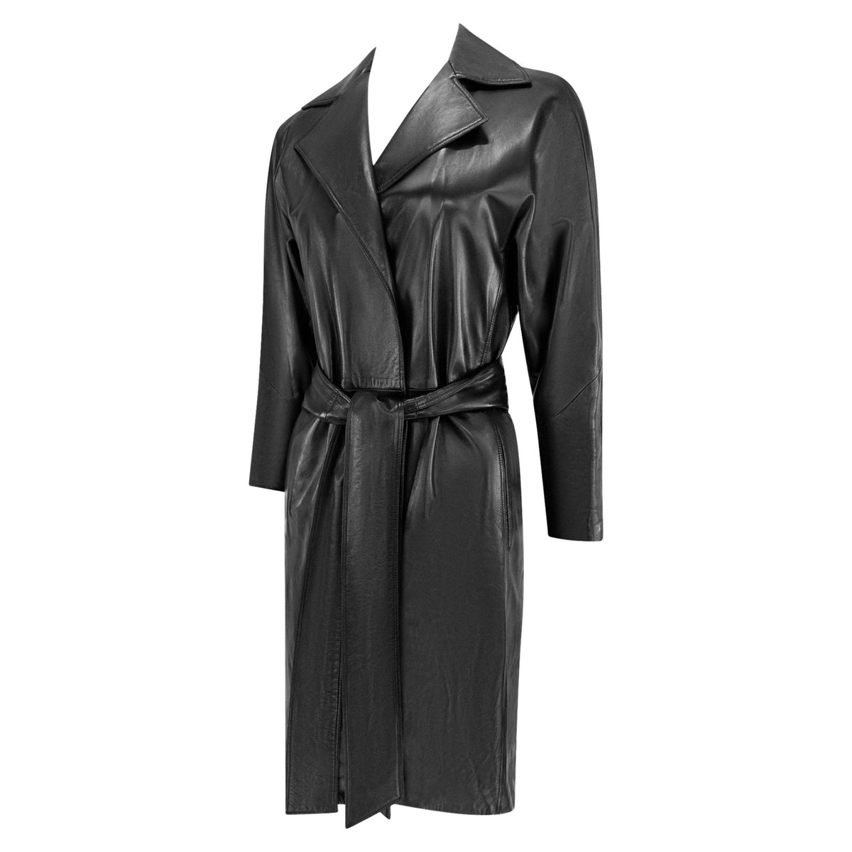 S/S 2001 Gianni Versace by Donatella Black Leather Belted Wrap Coat - RealList