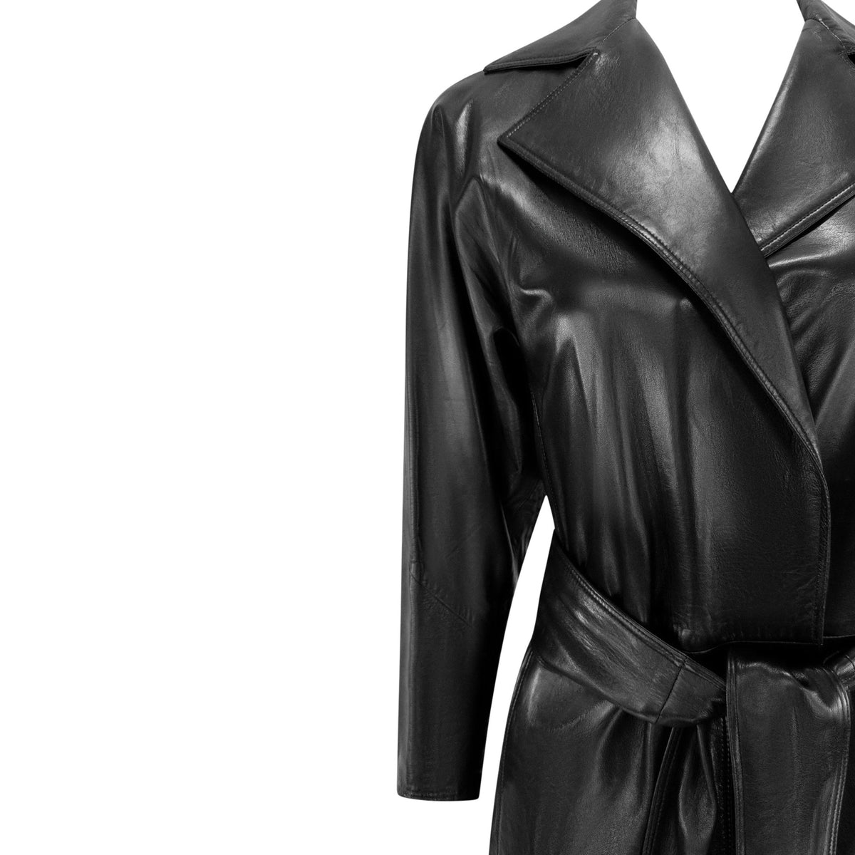 S/S 2001 Gianni Versace by Donatella Black Leather Belted Wrap Coat - RealList