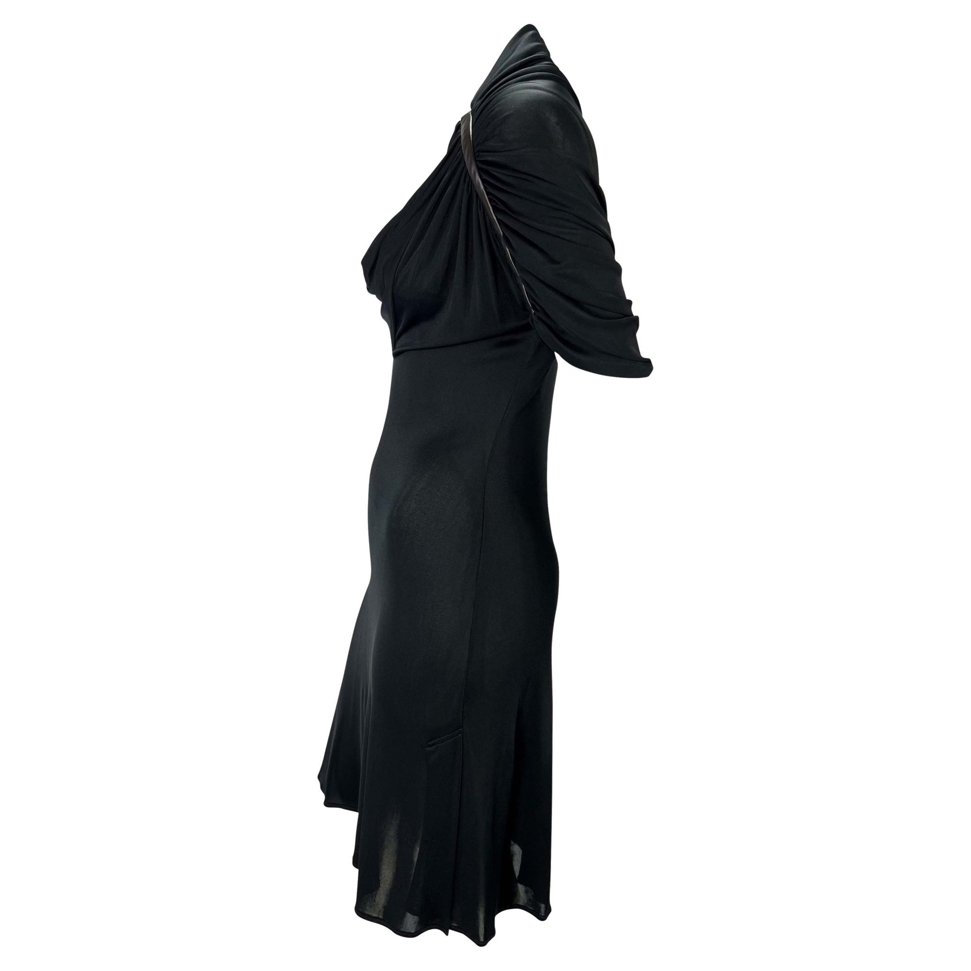 S/S 2001 Gianni Versace by Donatella Black Viscose Leather Trim Ruched Dress - RealList