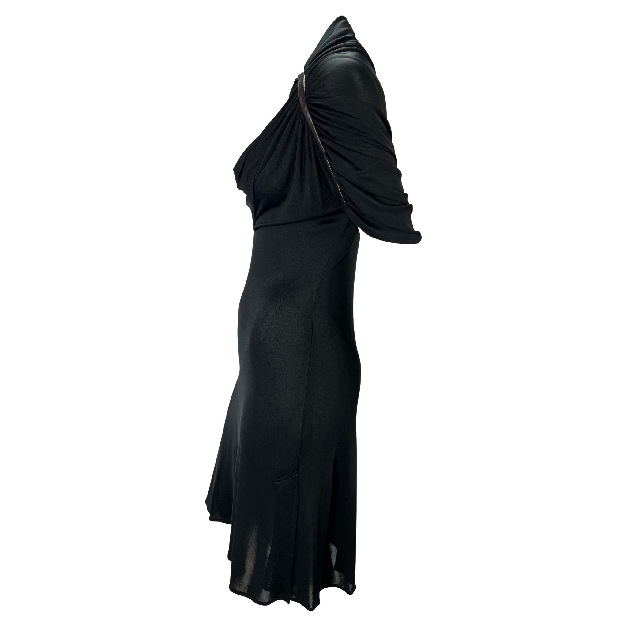 S/S 2001 Gianni Versace by Donatella Black Viscose Leather Trim Ruched Dress - RealList