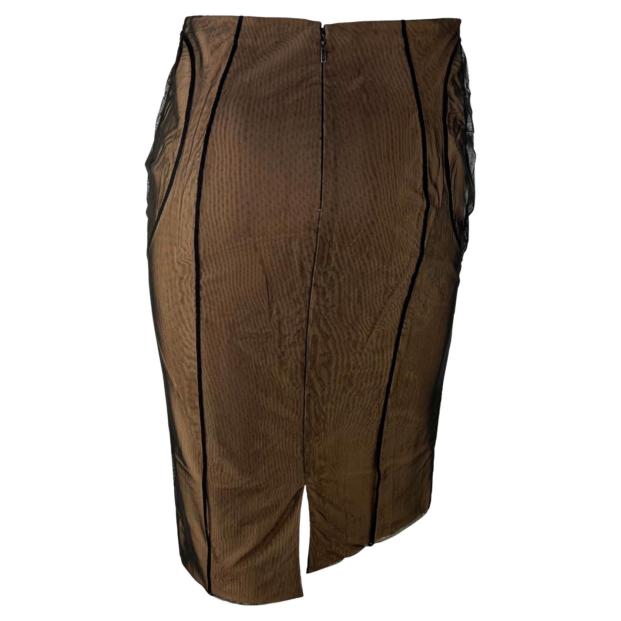 S/S 2001 Gucci by Tom Ford Beige Mesh Tulle Overlay Bodycon Stretch Skirt - RealList