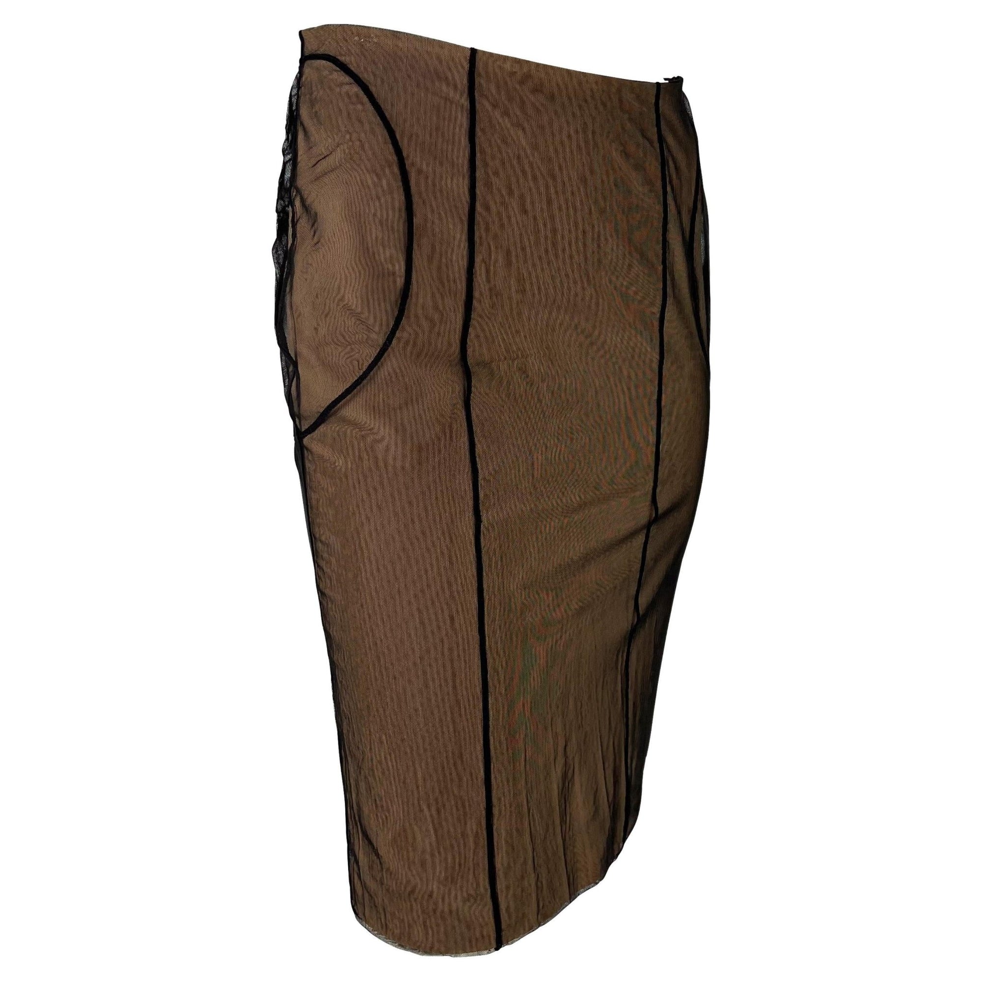 S/S 2001 Gucci by Tom Ford Beige Mesh Tulle Overlay Bodycon Stretch Skirt - RealList