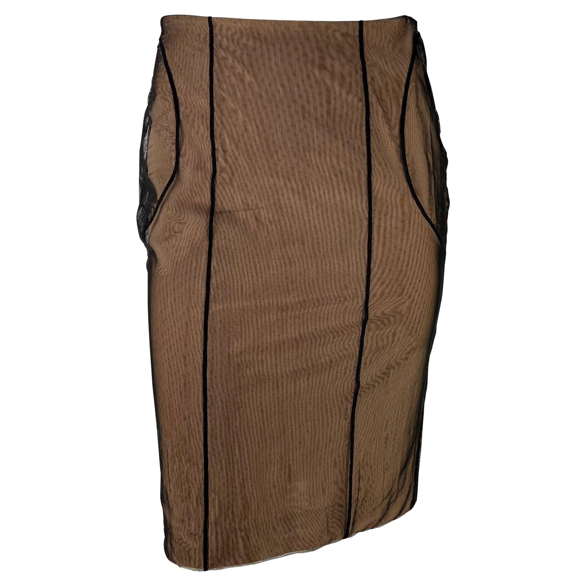 S/S 2001 Gucci by Tom Ford Beige Mesh Tulle Overlay Bodycon Stretch Skirt - RealList