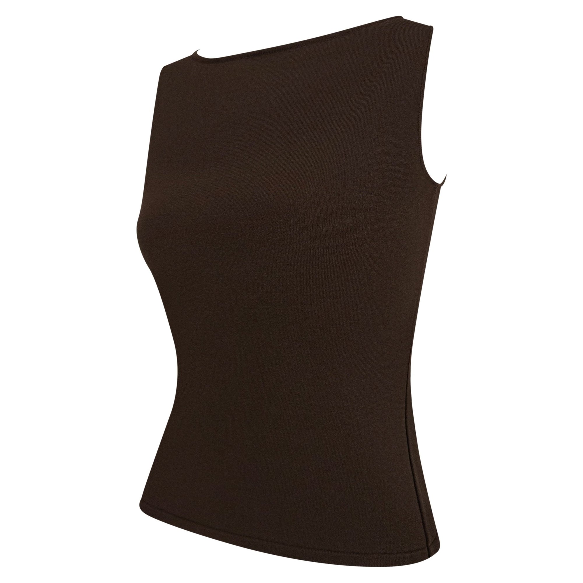 S/S 2001 Gucci by Tom Ford Brown Knit Logo Plaque Sleeveless Top - RealList