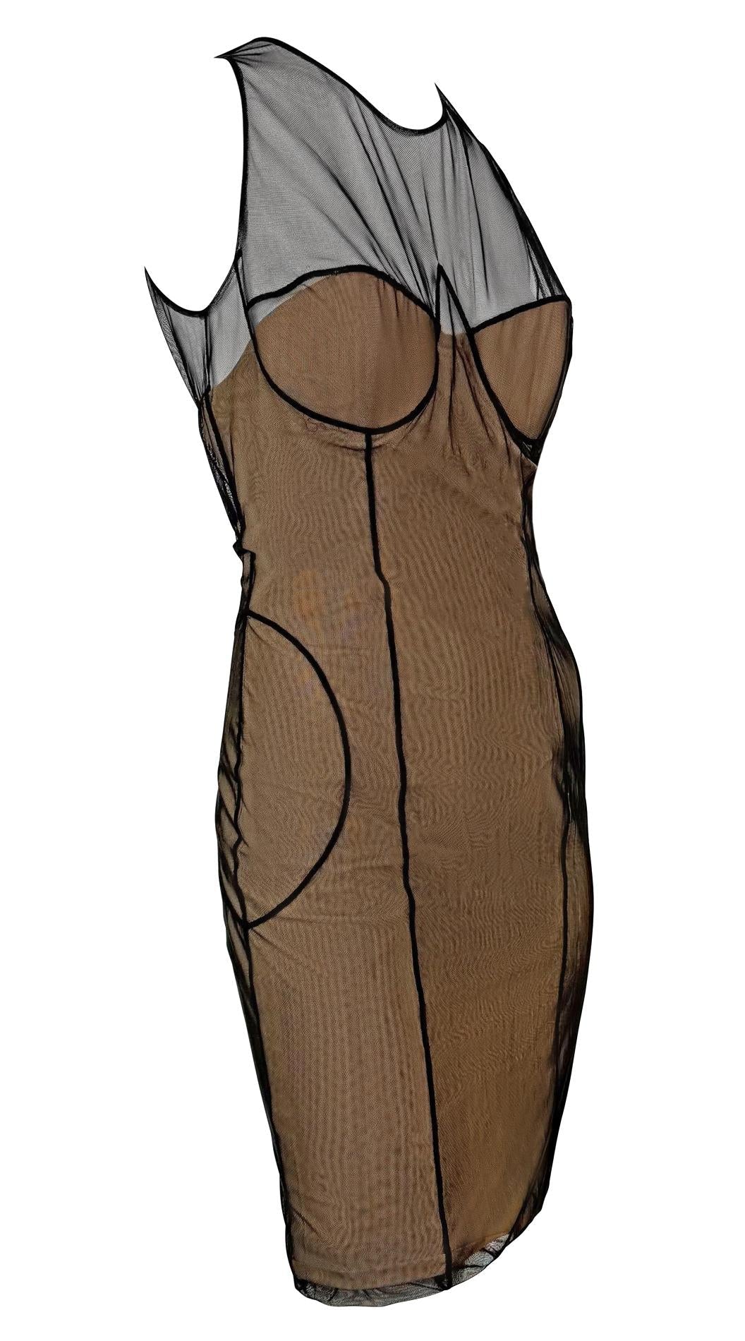 S/S 2001 Gucci by Tom Ford Mesh Overlay Beige Corseted Dress - RealList