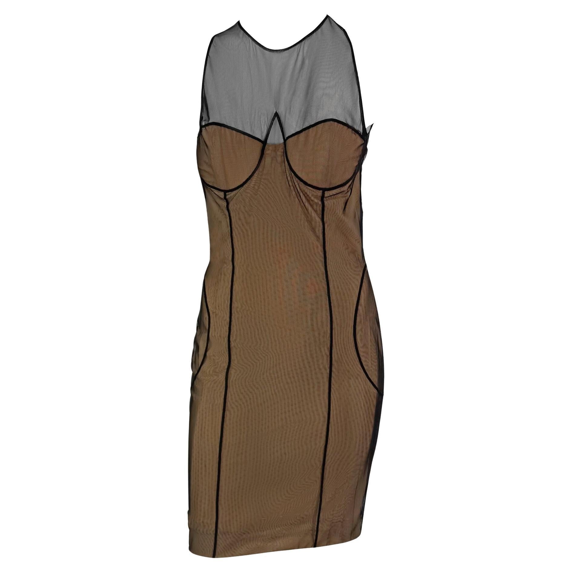 S/S 2001 Gucci by Tom Ford Mesh Overlay Beige Corseted Dress - RealList