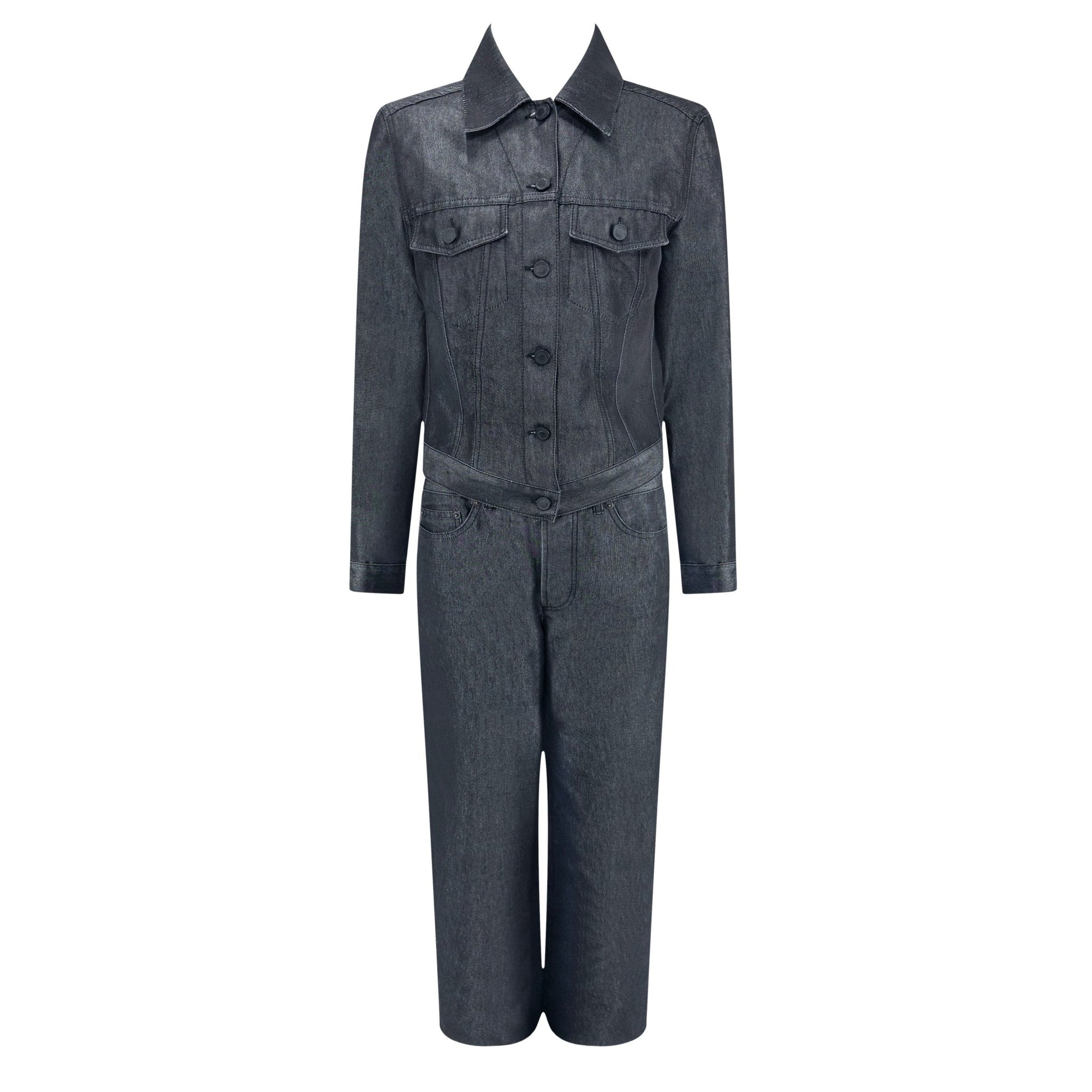 S/S 2001 Gucci by Tom Ford Metallic Grey Denim Chambray Jacket Pant Set - RealList