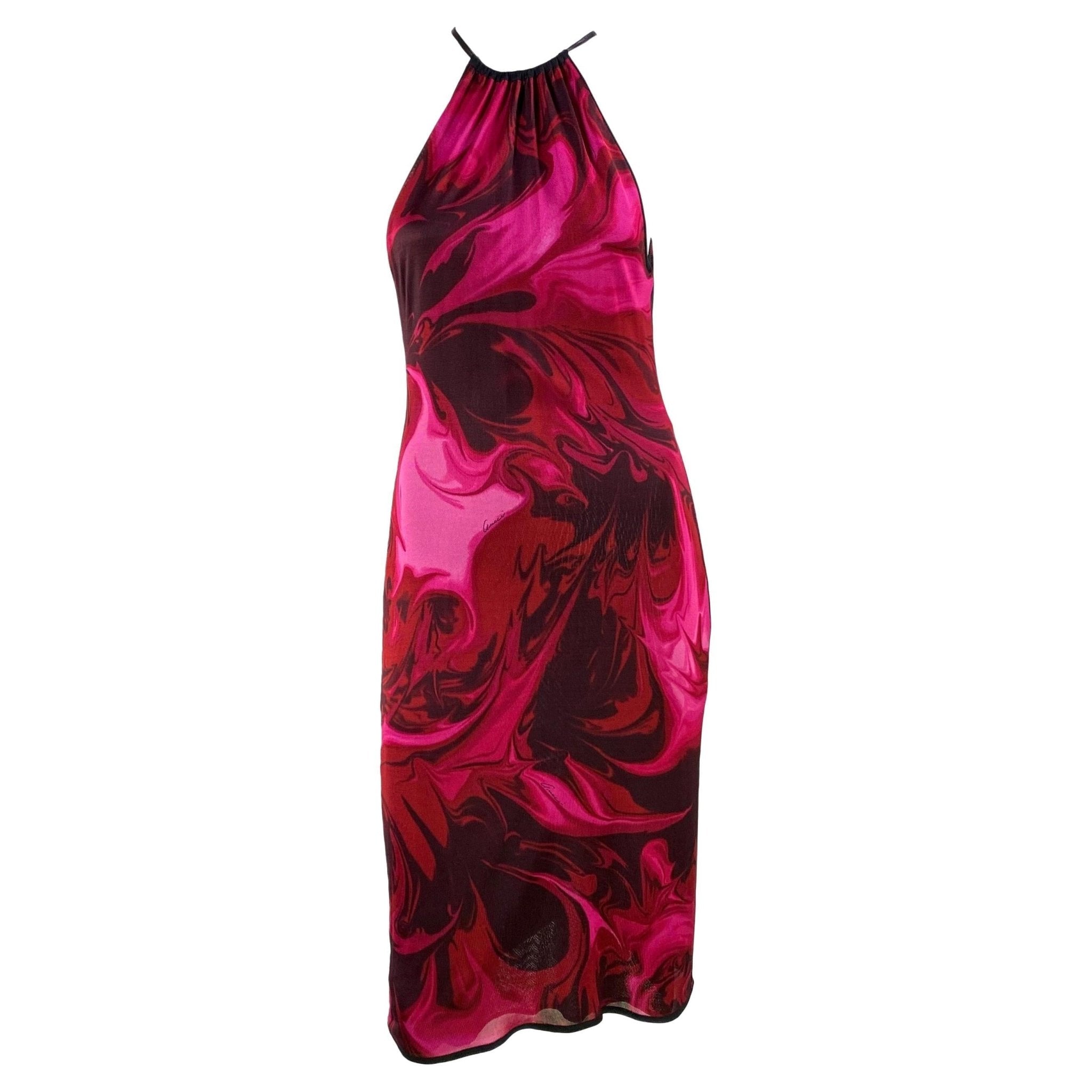 S/S 2001 Gucci by Tom Ford Pink Liquid Magma Print Stretch Knit Halter Dress - RealList