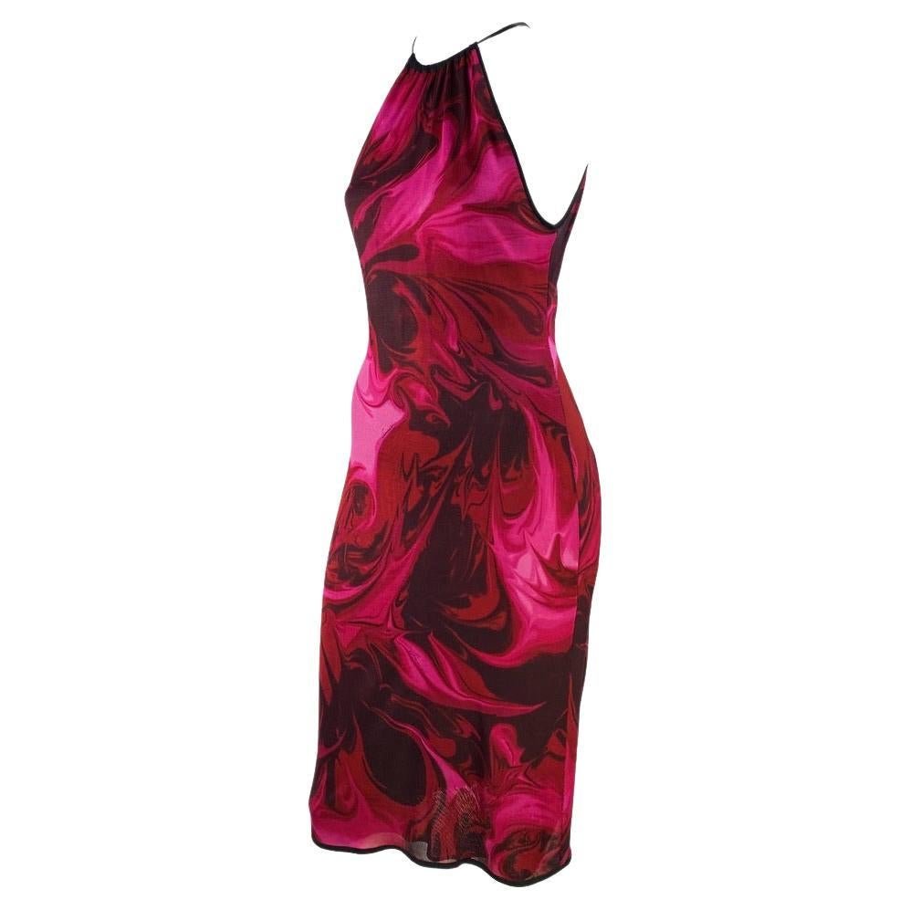 S/S 2001 Gucci by Tom Ford Pink Liquid Magma Print Stretch Knit Halter Dress - RealList