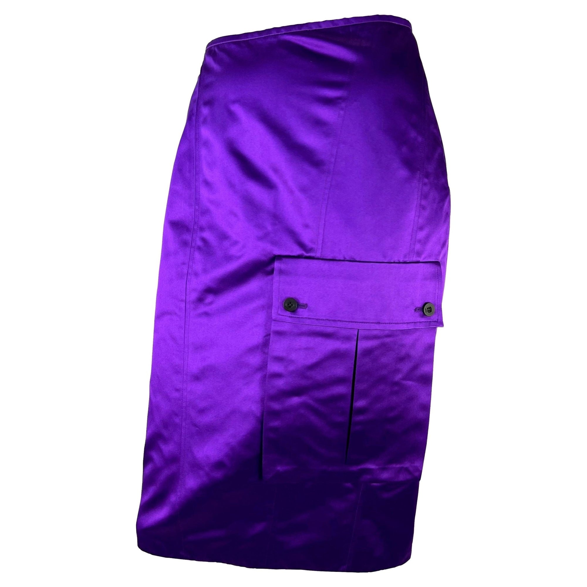 S/S 2001 Gucci by Tom Ford Runway Purple Satin Cargo Pocket Pencil Skirt - RealList