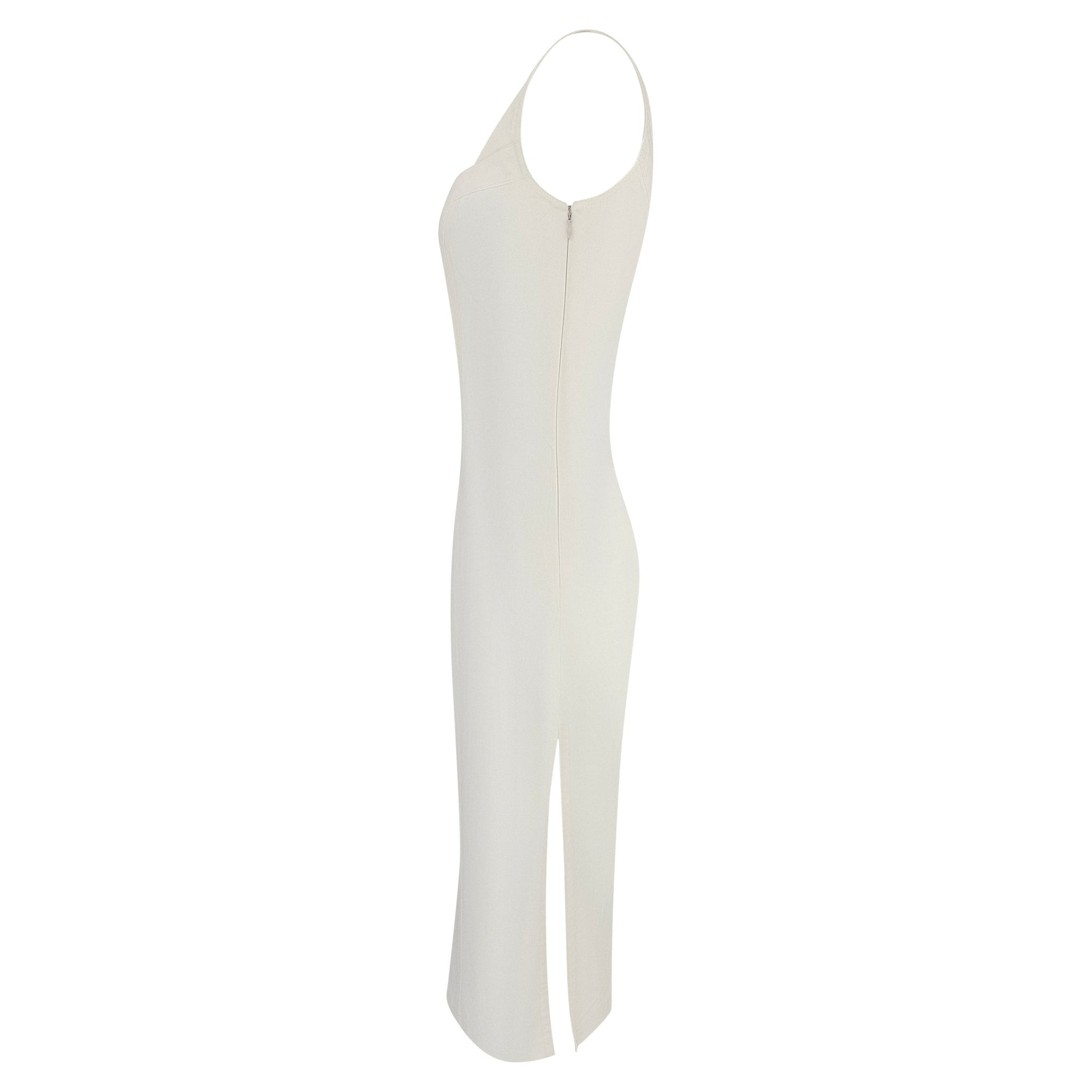 S/S 2001 John Galliano Off - White Stretch Denim High Slit Cocktail Dress - RealList