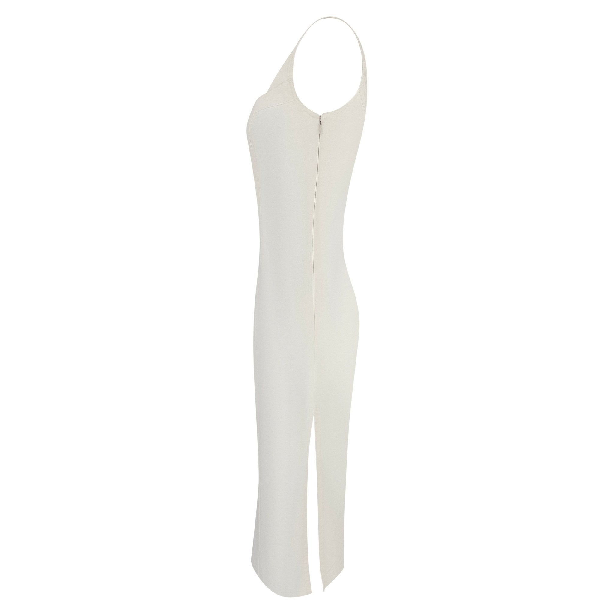 S/S 2001 John Galliano Off - White Stretch Denim High Slit Cocktail Dress - RealList