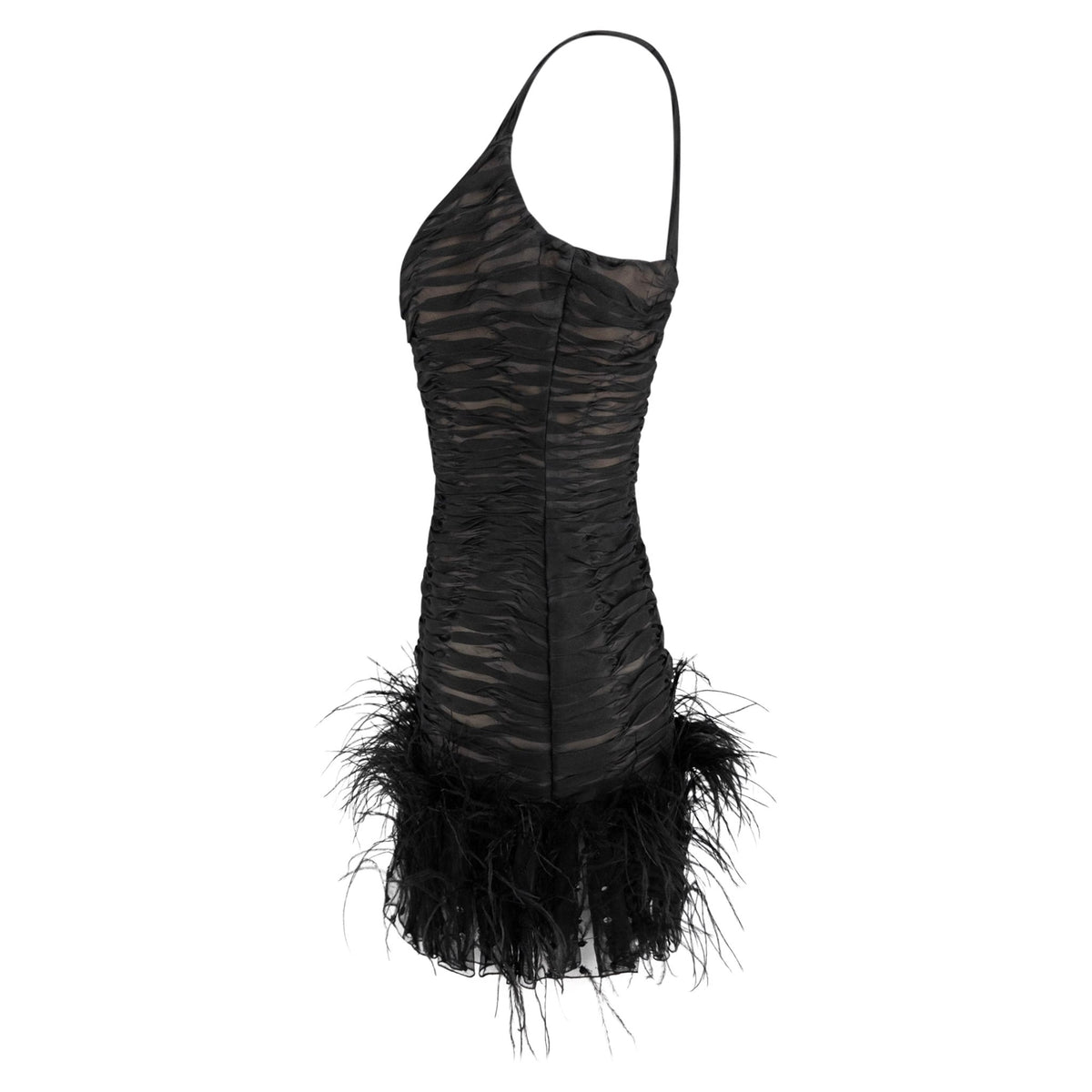 S/S 2001 Oscar de la Renta Runway Black Ruched Silk Marabou Feather Mini Dress - RealList