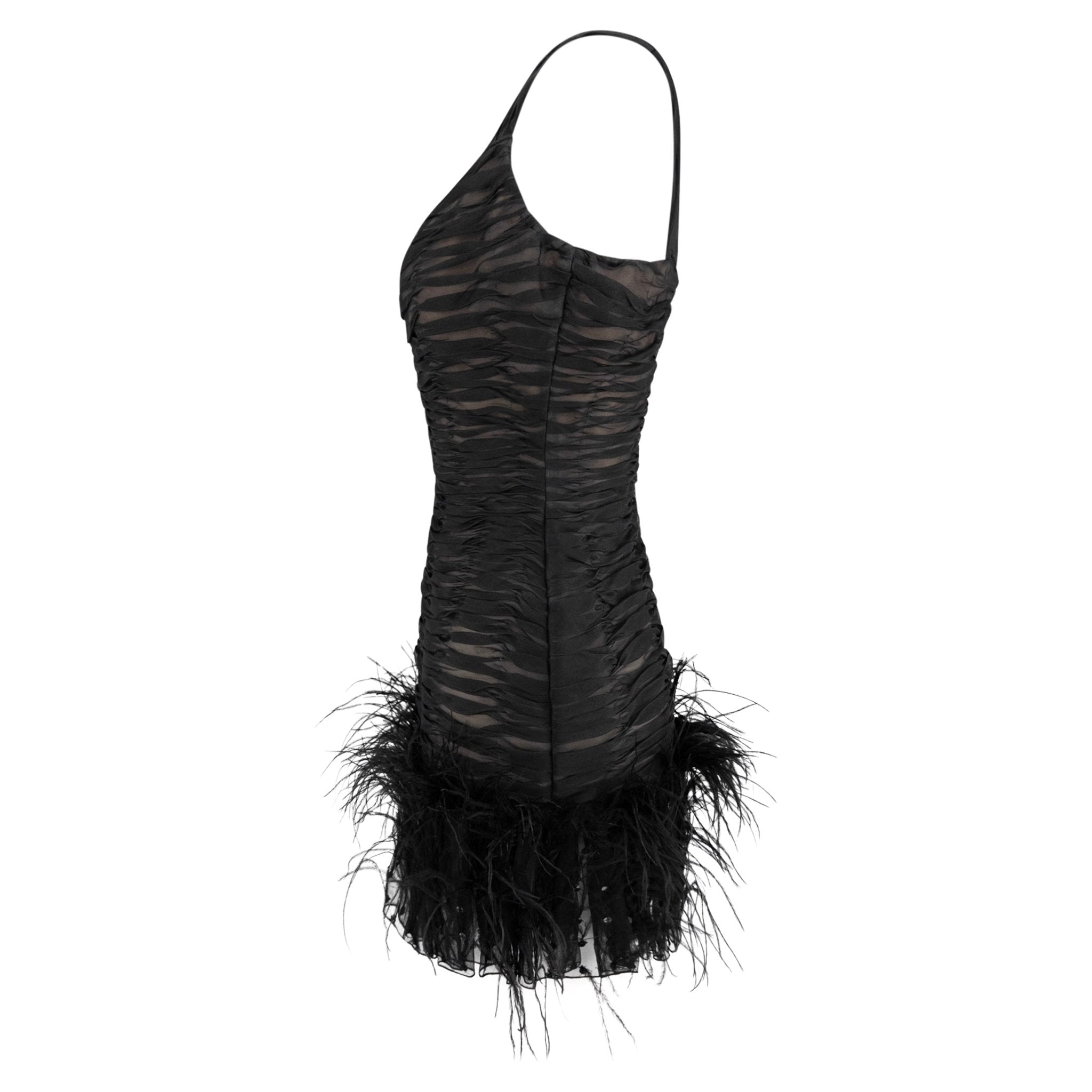 S/S 2001 Oscar de la Renta Runway Black Ruched Silk Marabou Feather Mini Dress - RealList