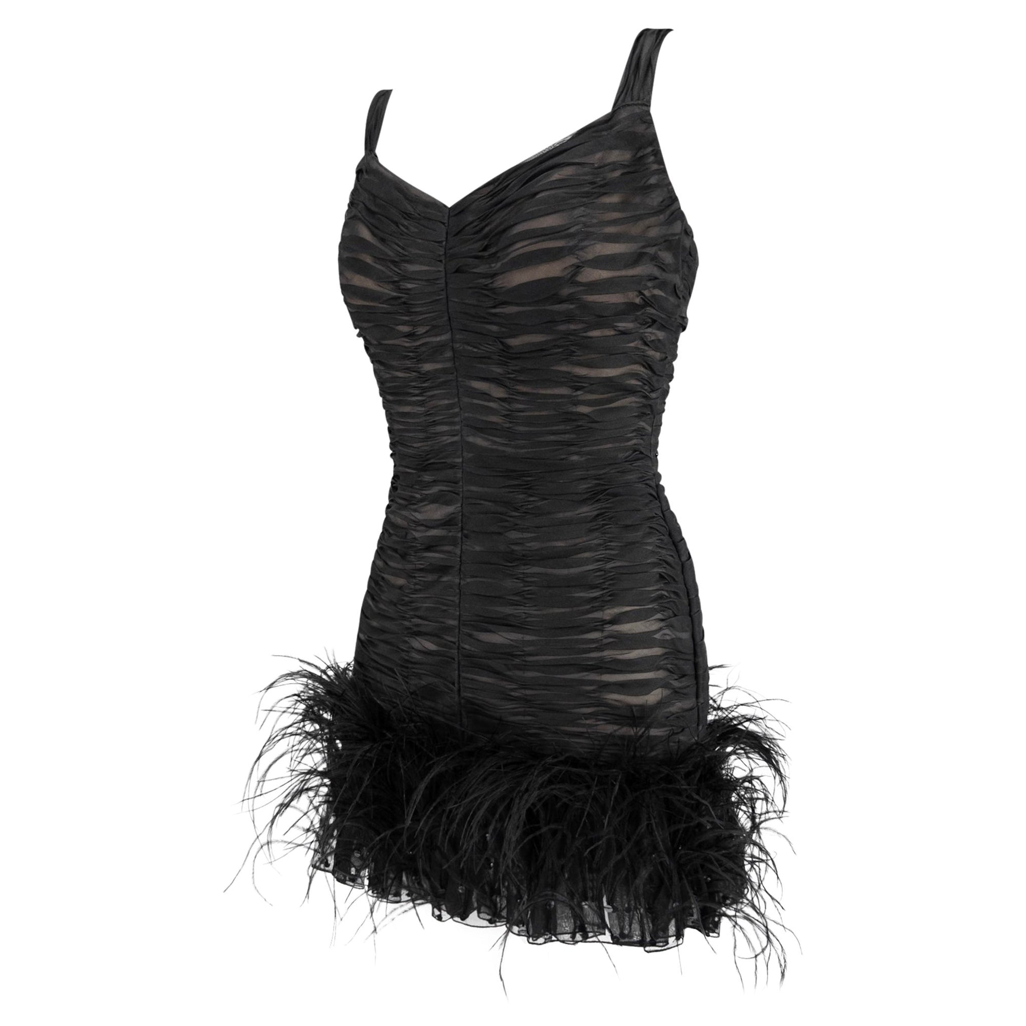 S/S 2001 Oscar de la Renta Runway Black Ruched Silk Marabou Feather Mini Dress - RealList