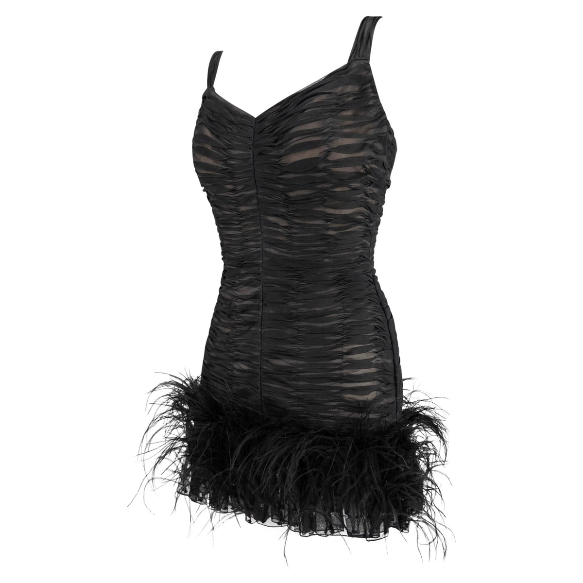 S/S 2001 Oscar de la Renta Runway Black Ruched Silk Marabou Feather Mini Dress - RealList