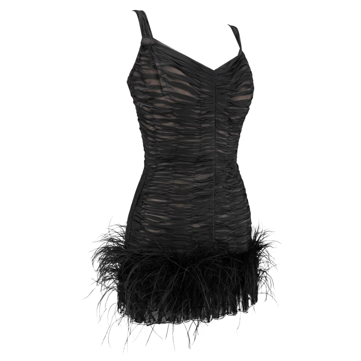 S/S 2001 Oscar de la Renta Runway Black Ruched Silk Marabou Feather Mini Dress - RealList