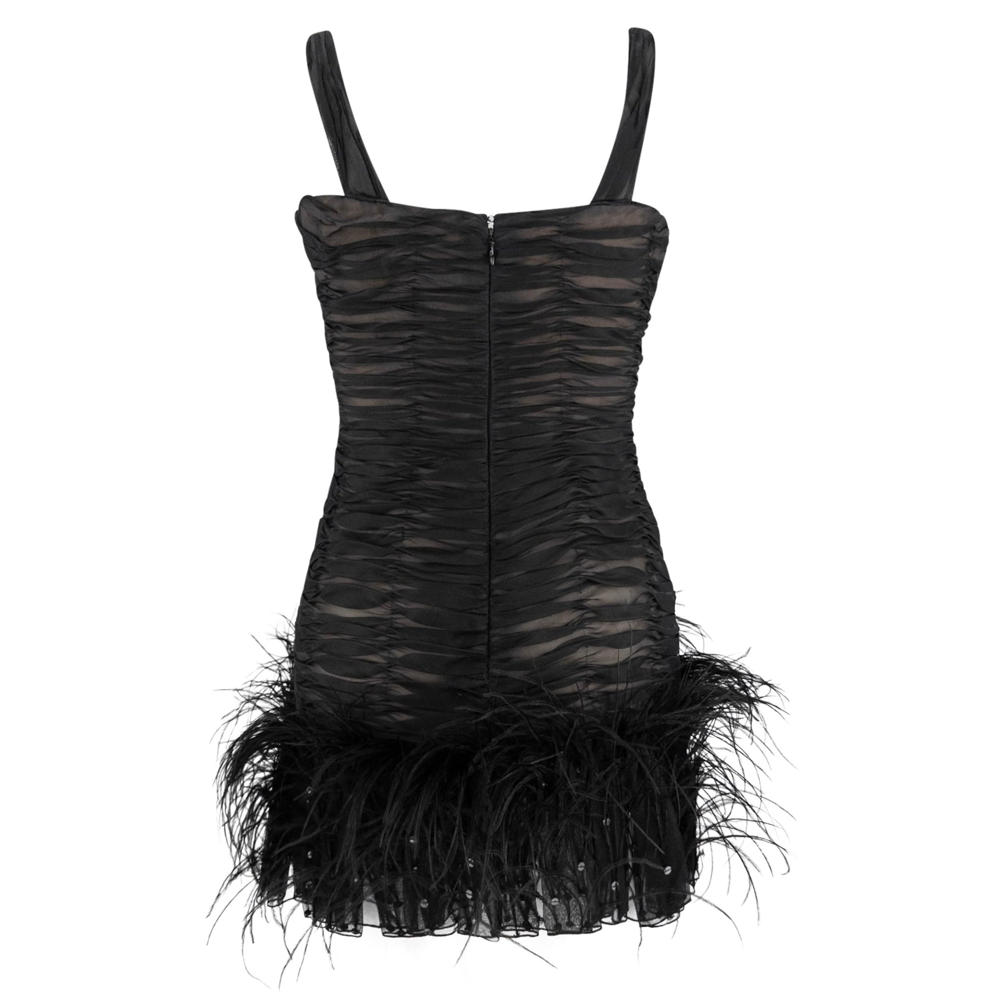 S/S 2001 Oscar de la Renta Runway Black Ruched Silk Marabou Feather Mini Dress - RealList