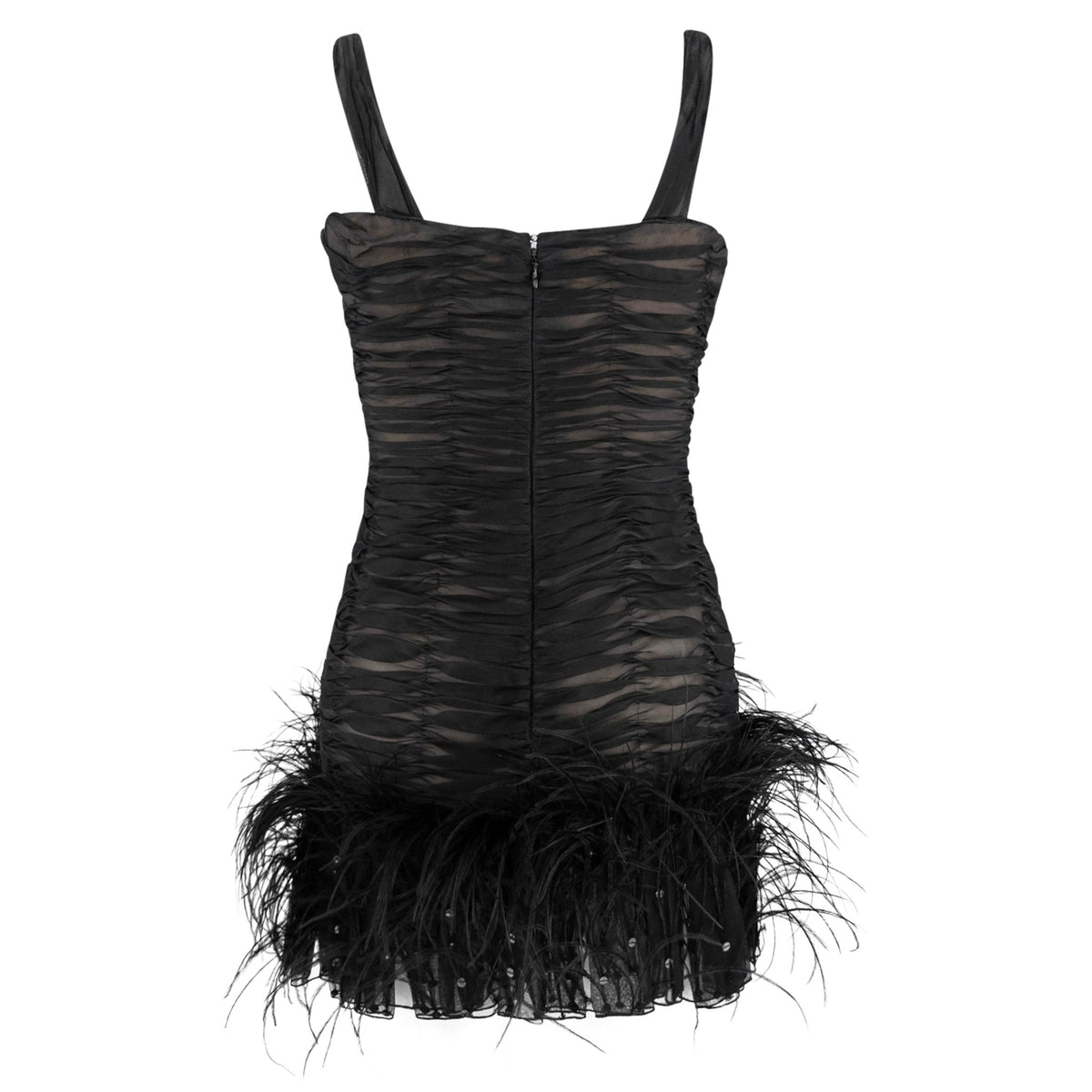 S/S 2001 Oscar de la Renta Runway Black Ruched Silk Marabou Feather Mini Dress - RealList
