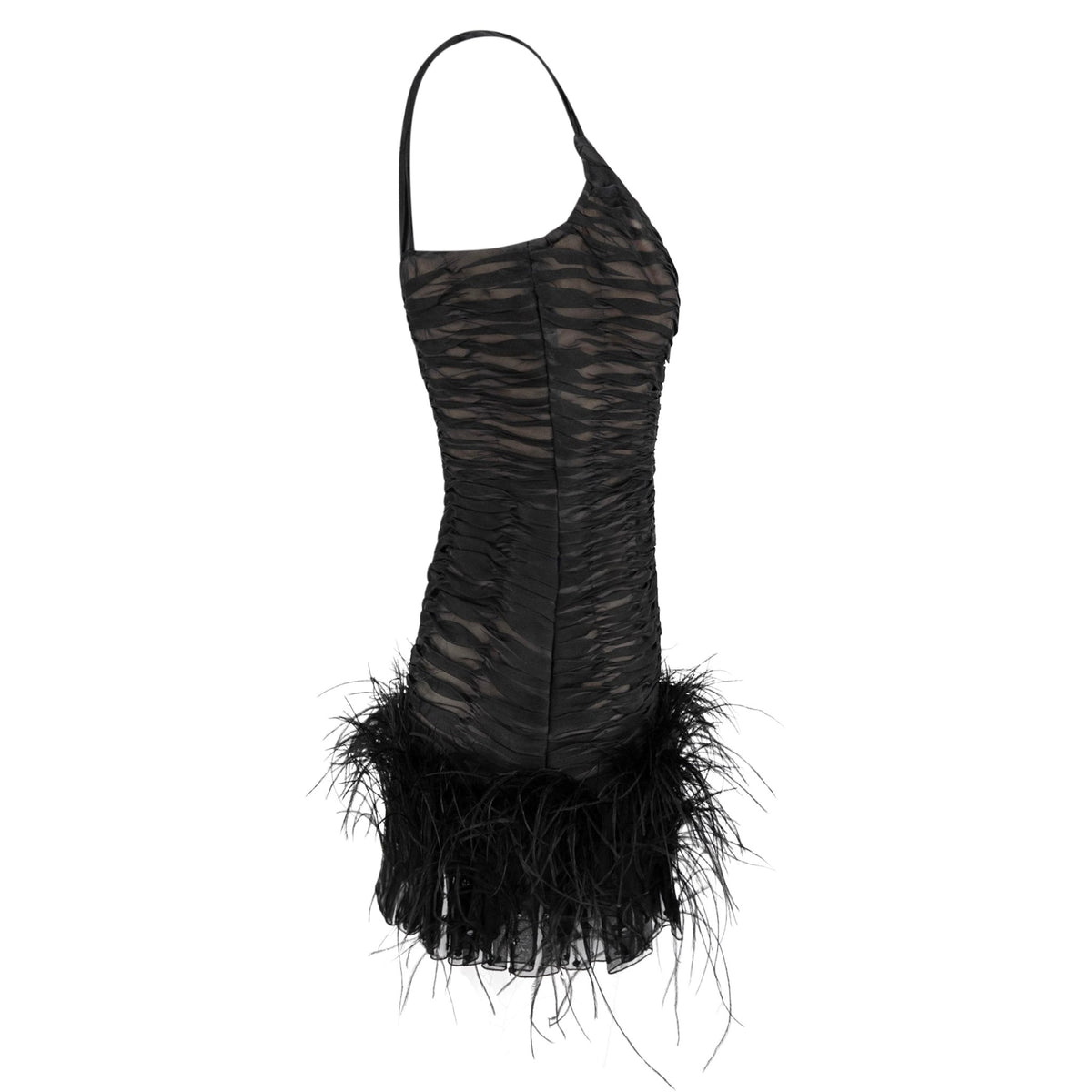 S/S 2001 Oscar de la Renta Runway Black Ruched Silk Marabou Feather Mini Dress - RealList