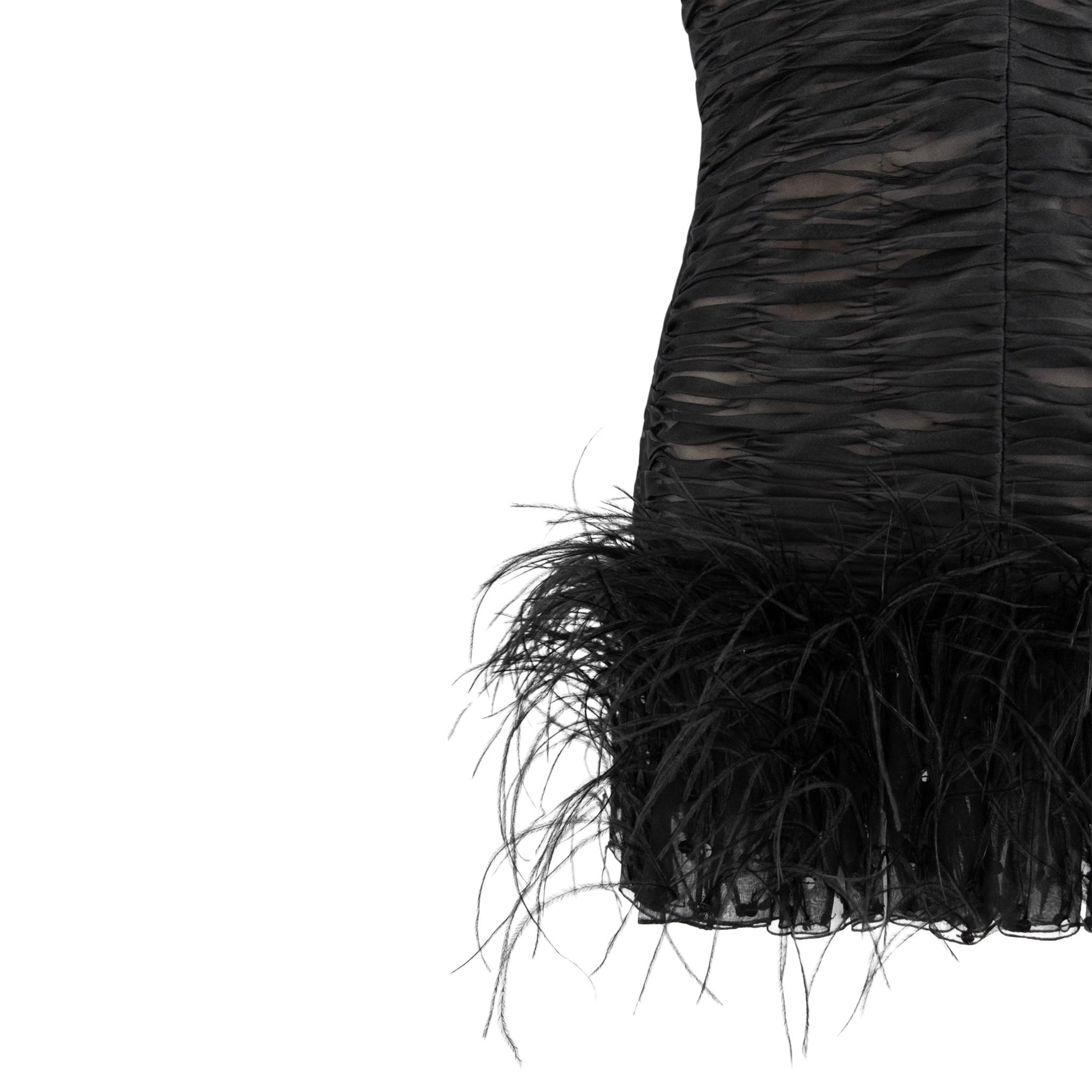 S/S 2001 Oscar de la Renta Runway Black Ruched Silk Marabou Feather Mini Dress - RealList