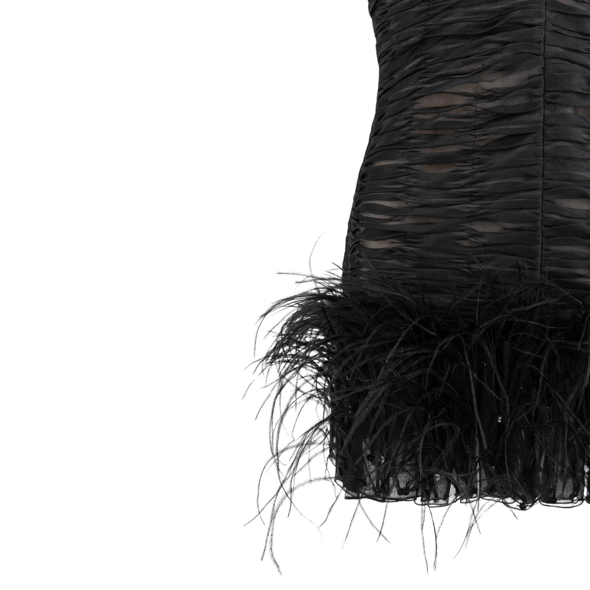 S/S 2001 Oscar de la Renta Runway Black Ruched Silk Marabou Feather Mini Dress - RealList