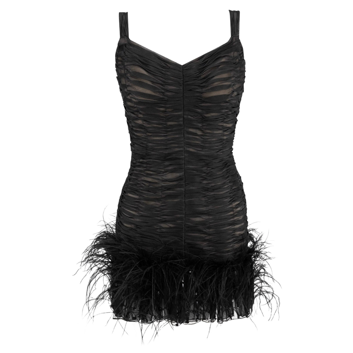 S/S 2001 Oscar de la Renta Runway Black Ruched Silk Marabou Feather Mini Dress - RealList