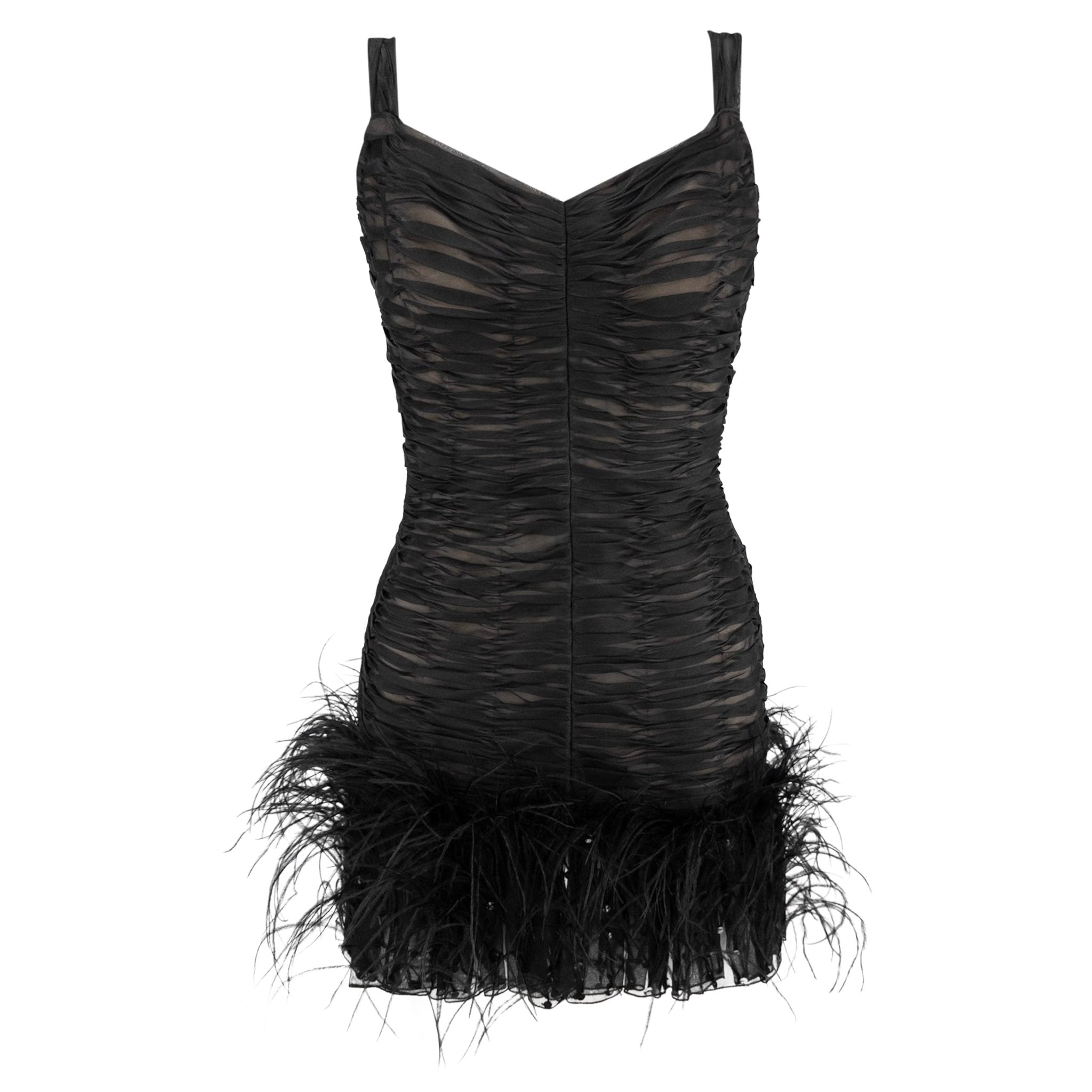 S/S 2001 Oscar de la Renta Runway Black Ruched Silk Marabou Feather Mini Dress - RealList