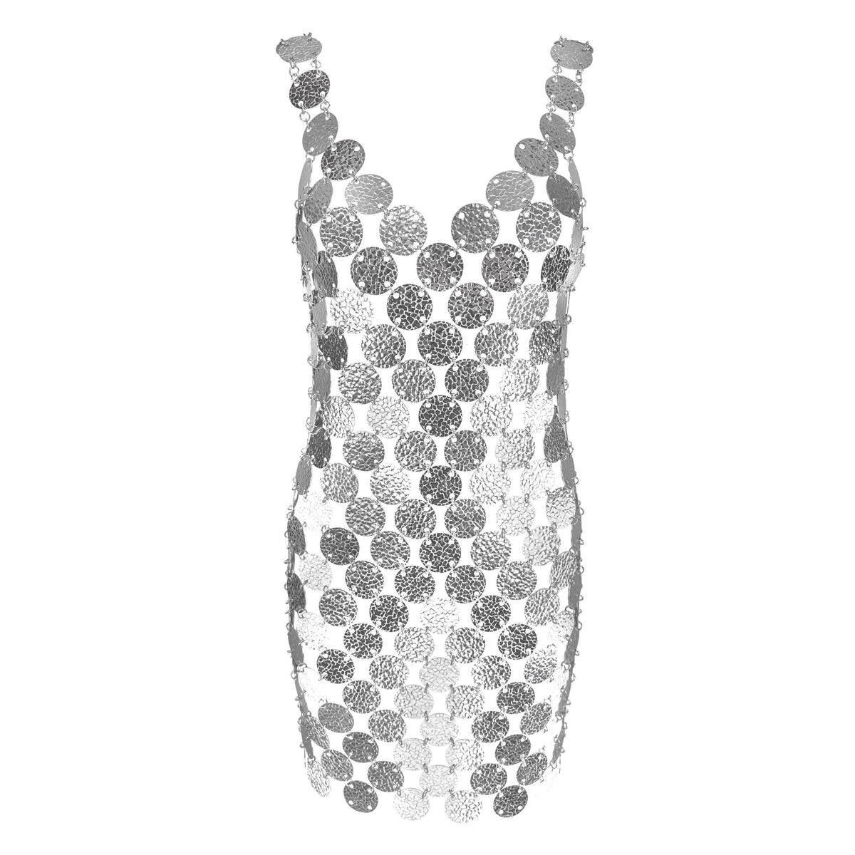 S/S 2001 Paco Rabanne Runway Hammered Silver Metal Disk Chainmail Mini Dress - RealList