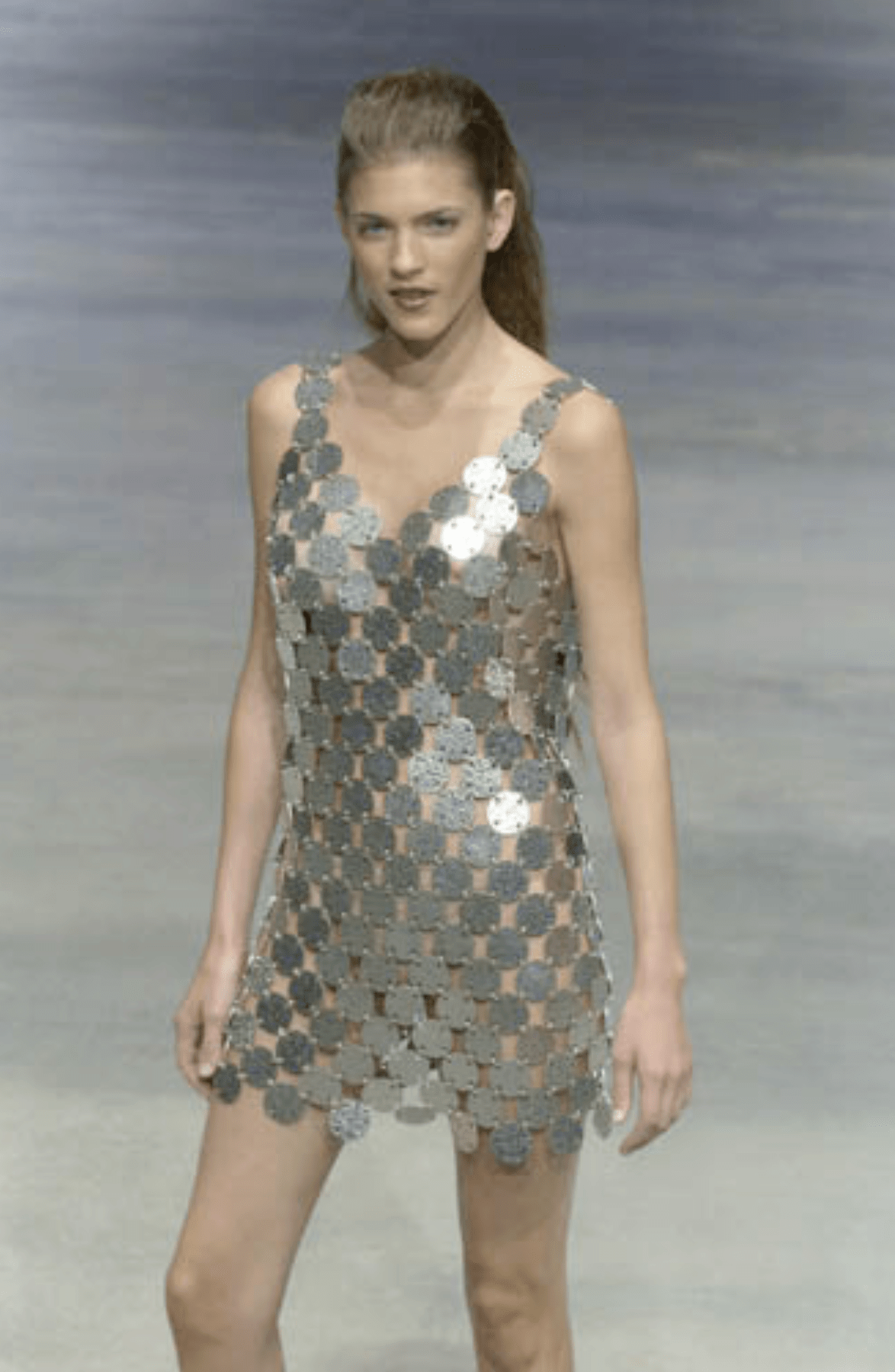 S/S 2001 Paco Rabanne Runway Hammered Silver Metal Disk Chainmail Mini Dress - RealList