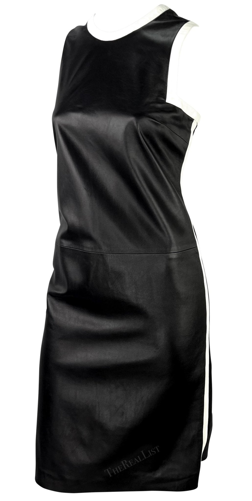 S/S 2001 Ralph Lauren Black Runway Black Leather White Trim Sleeveless Dress - RealList