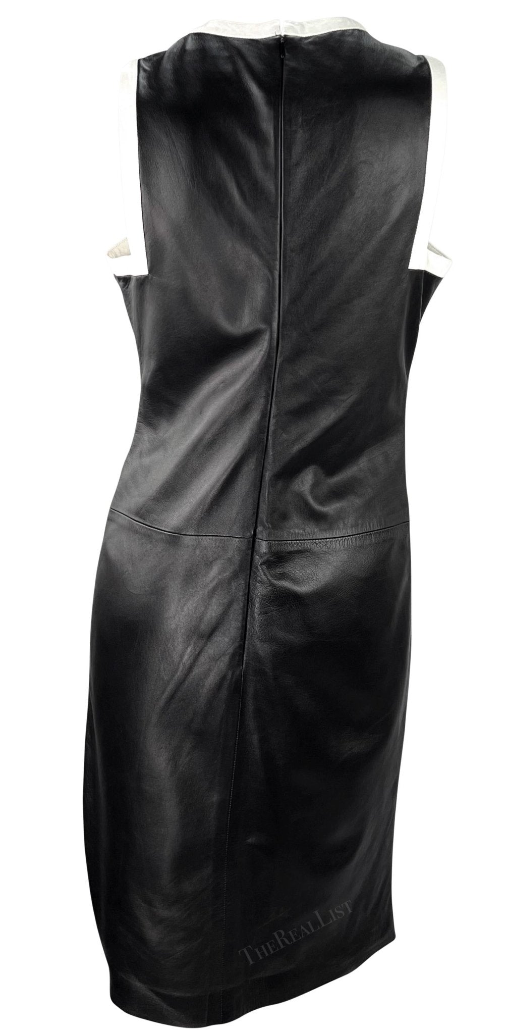 S/S 2001 Ralph Lauren Black Runway Black Leather White Trim Sleeveless Dress - RealList