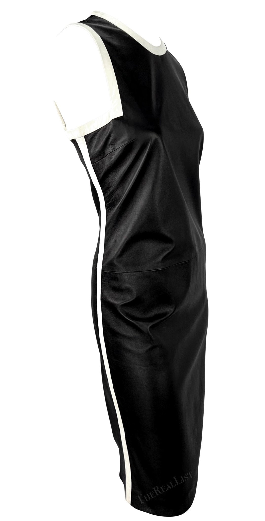 S/S 2001 Ralph Lauren Black Runway Black Leather White Trim Sleeveless Dress - RealList