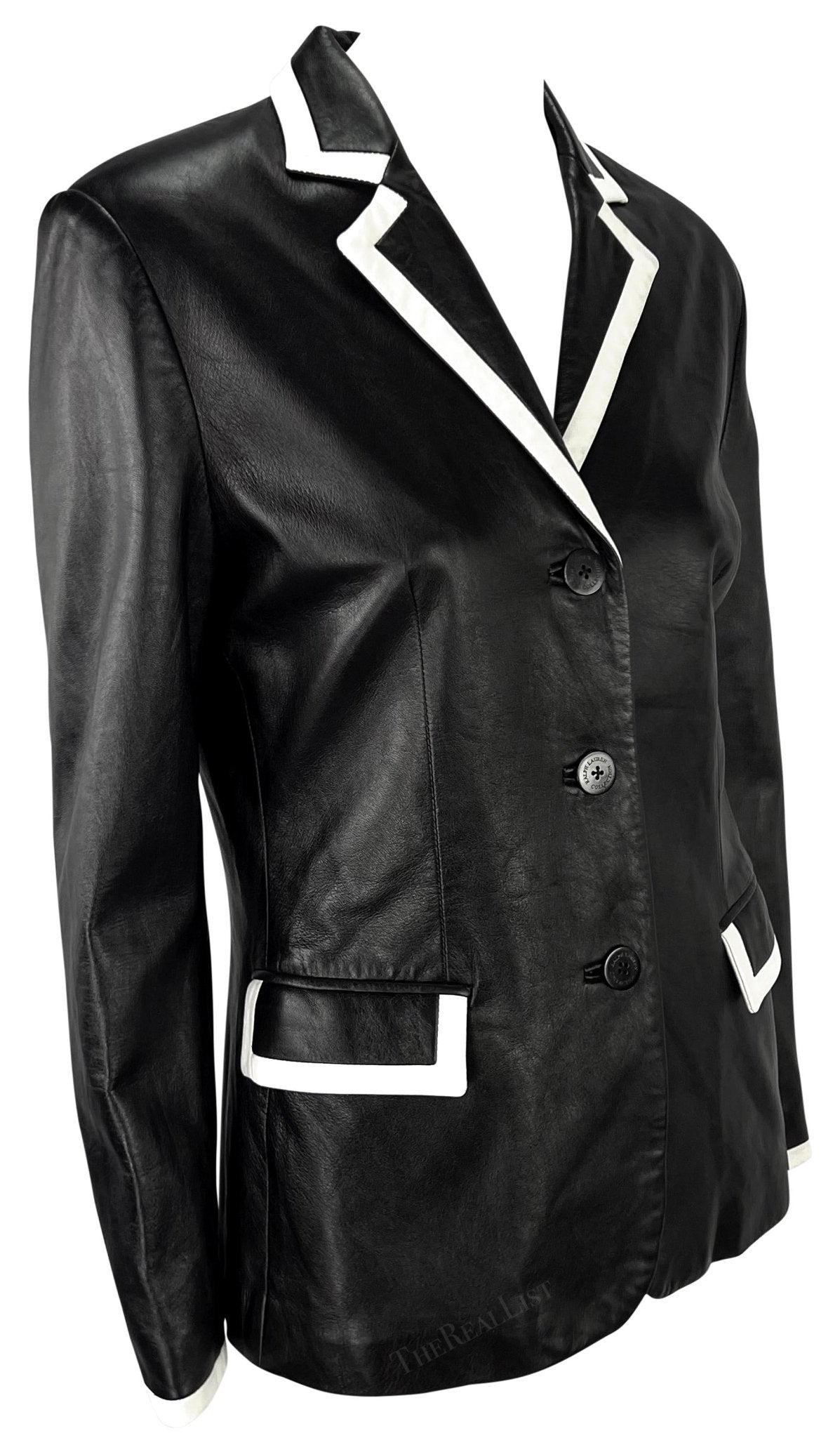 S/S 2001 Ralph Lauren Runway Black Leather White Trim Blazer Jacket - RealList
