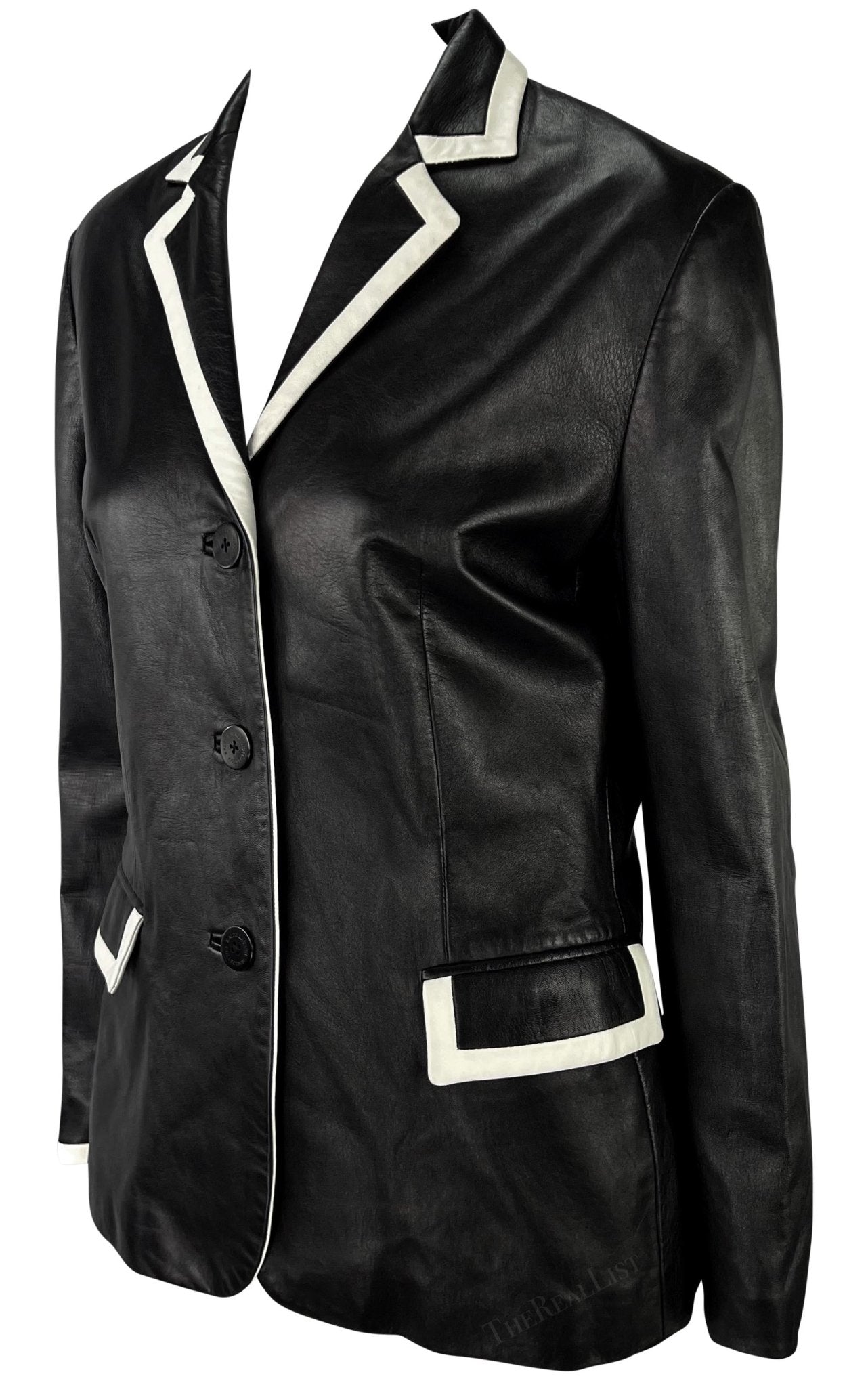 S/S 2001 Ralph Lauren Runway Black Leather White Trim Blazer Jacket - RealList