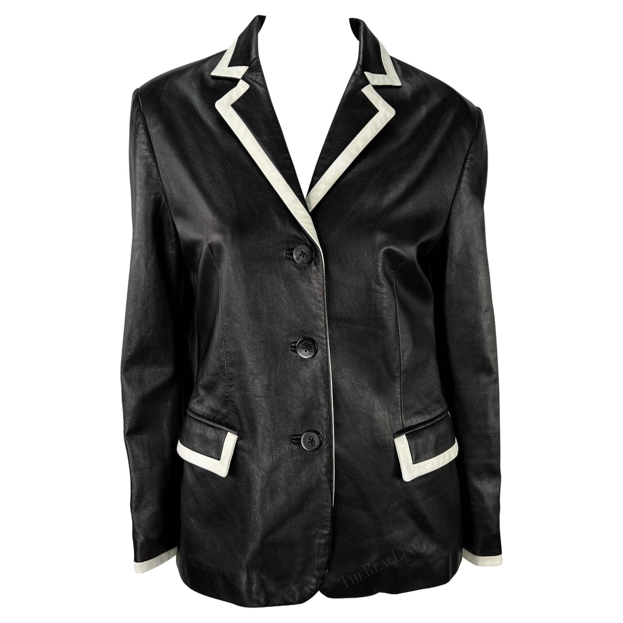 S/S 2001 Ralph Lauren Runway Black Leather White Trim Blazer Jacket - RealList