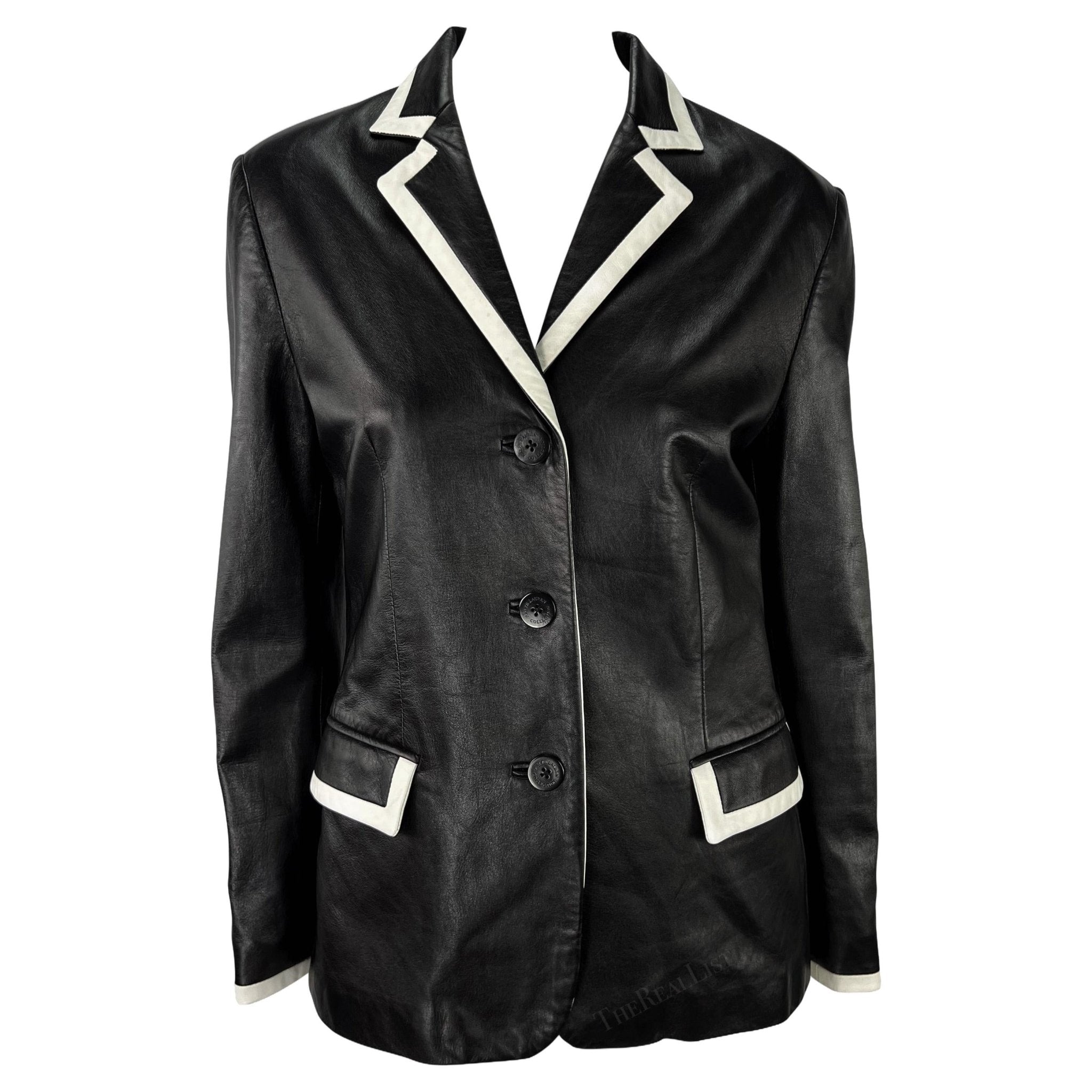 S/S 2001 Ralph Lauren Runway Black Leather White Trim Blazer Jacket - RealList