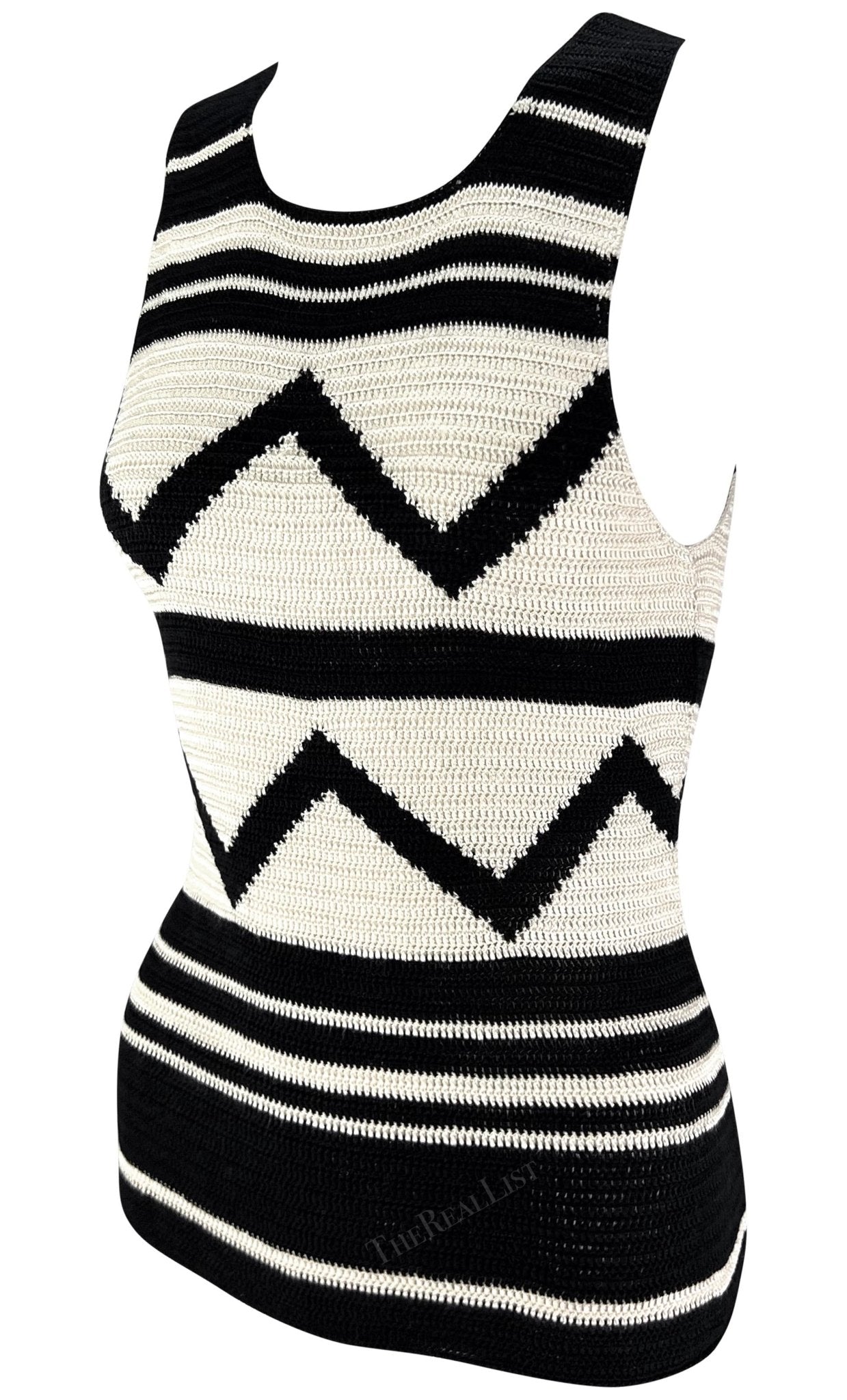 S/S 2001 Ralph Lauren Runway Creme Black Geometric Sheer Knit Silk Sweater Top - RealList