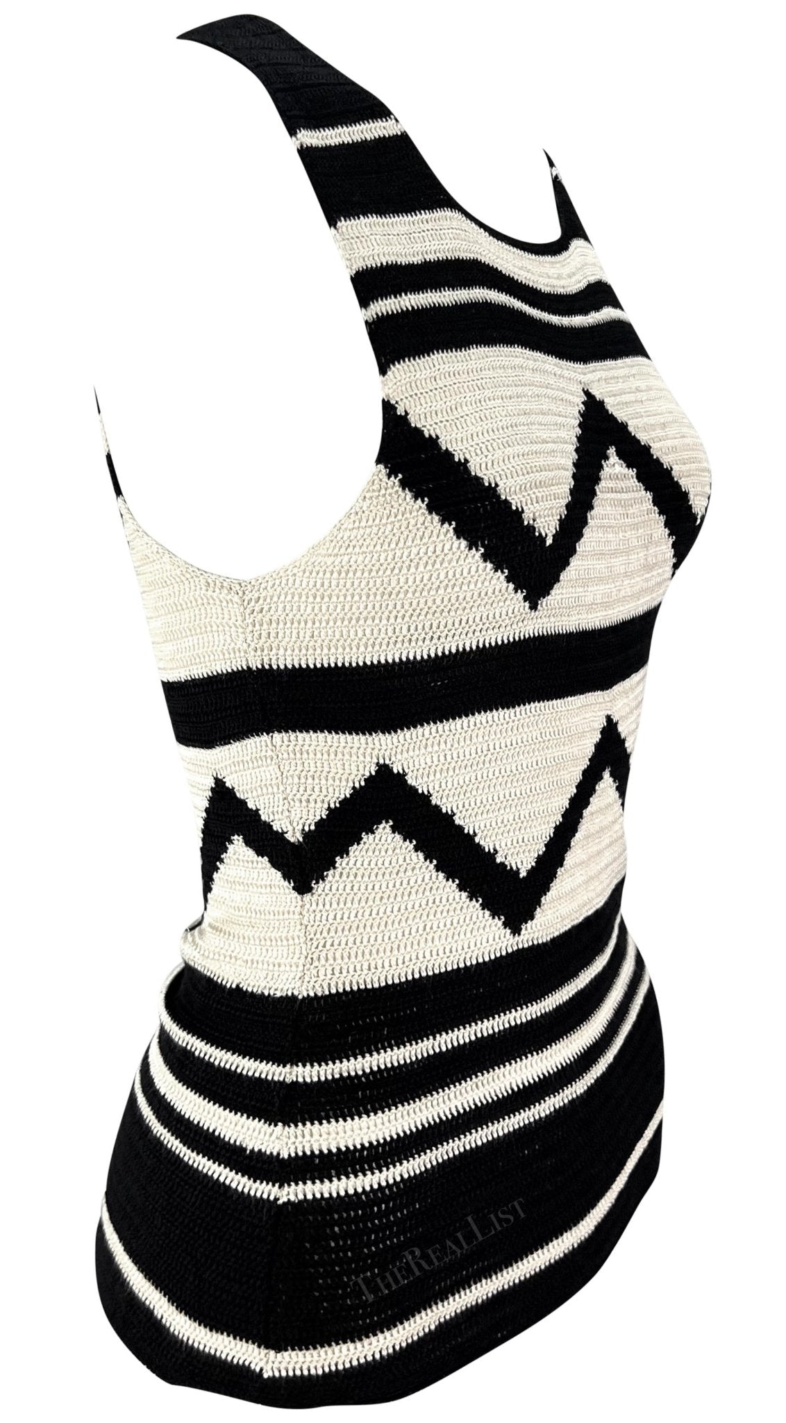 S/S 2001 Ralph Lauren Runway Creme Black Geometric Sheer Knit Silk Sweater Top - RealList
